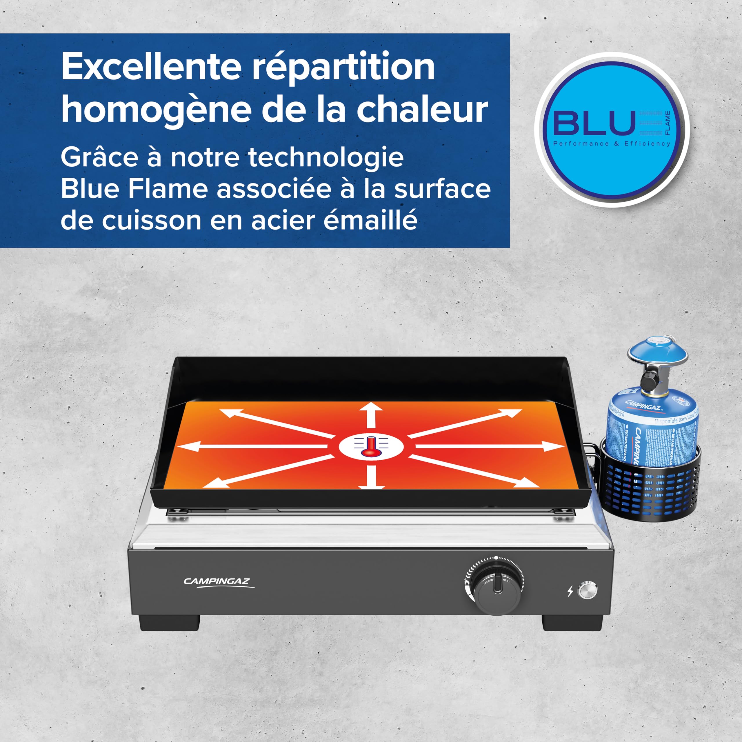 Campingaz plancha à gaz Othello 1 CV | Plaque chauffante 2,8 kW | Barbecue de table portable | Surface en acier émaillé | Brûleur avec technologie BlueFlame | Nettoyage facile