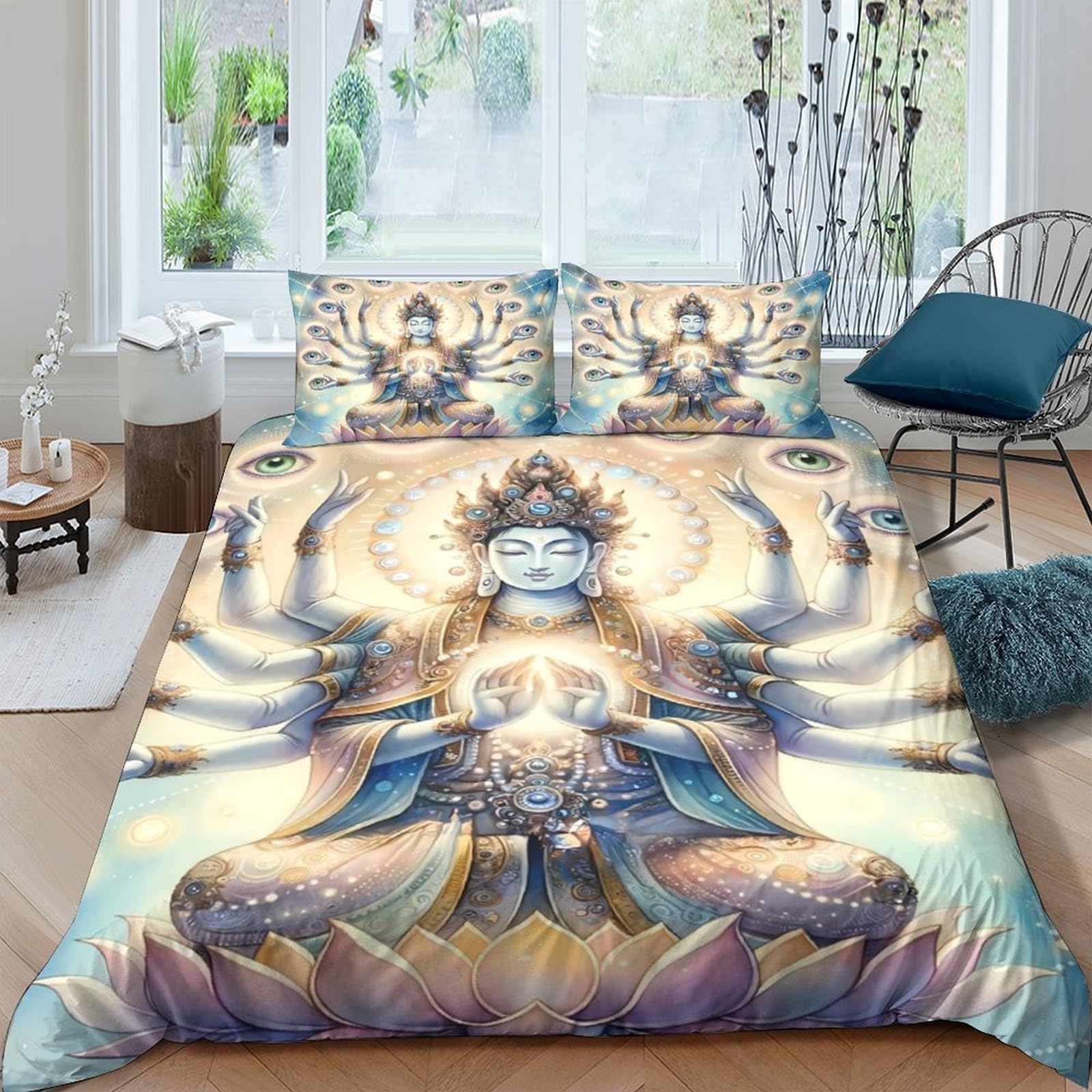 GPLZQXKJNH 3D Printed Buddha Mandala Duvet Cover Microfiber Soft Breathable Lotus Pattern Bedding Set with 2 Pillowcases for Bedroom Decor Single（135x200cm）