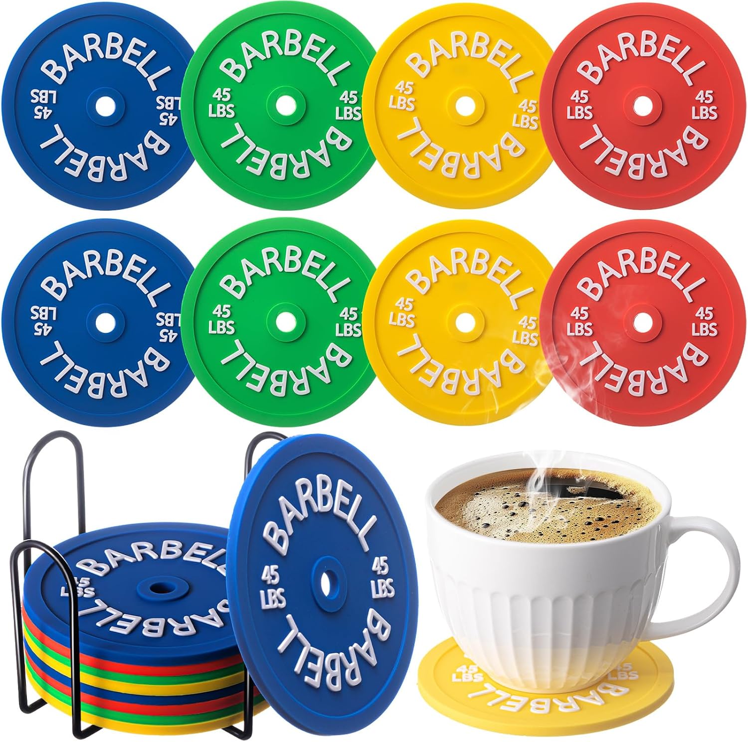 Blushtier 8 Pcs Barbell Bumper Plate Cool Coasters Round Silicone Coasters Weight Plate Coaster with Rack Holder for Gym Lovers Gym Accessories(Black)