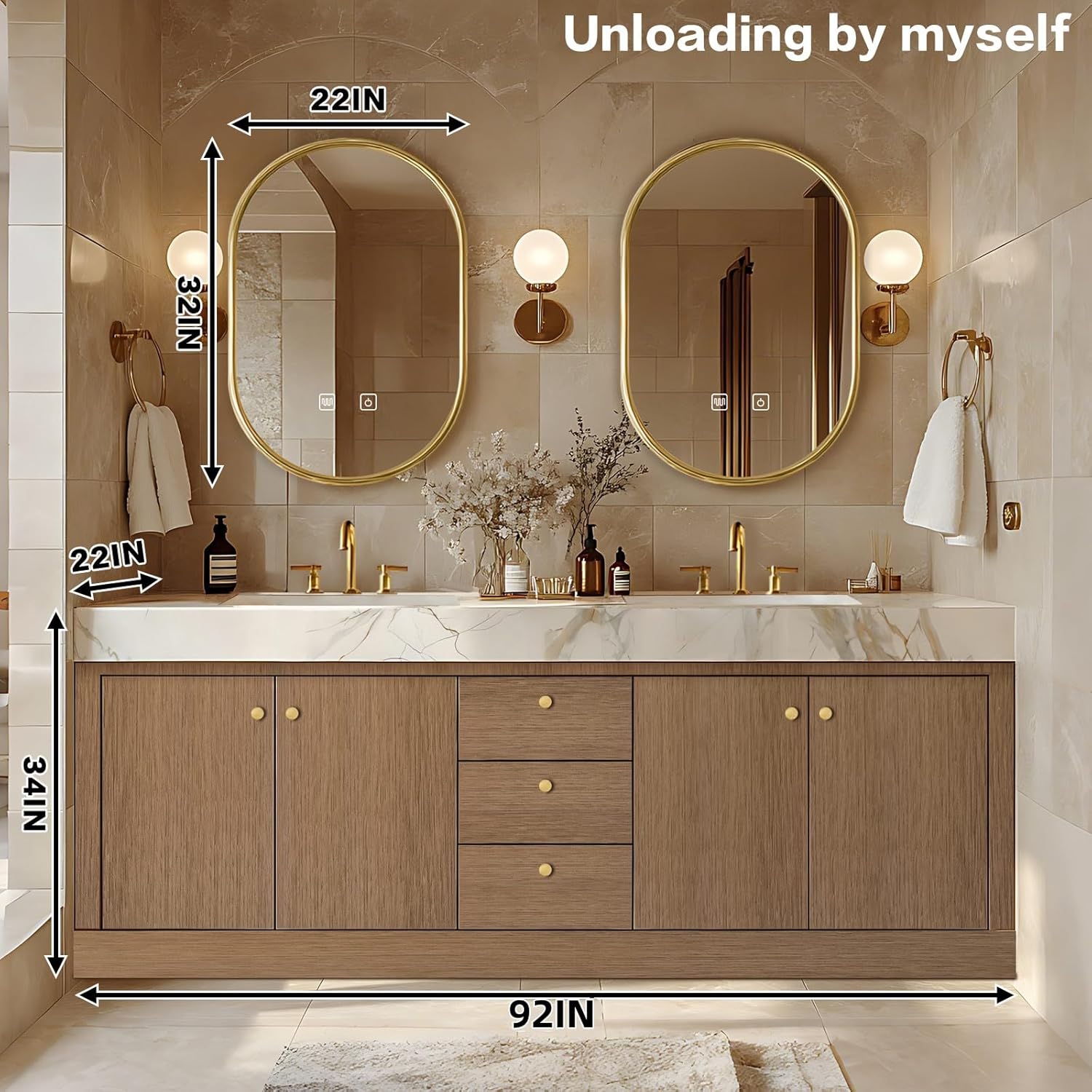 92IN Bathroom Vanity - Modern Bathroom Vanity with Double Sinks Includes Solid Wood Storage Cabinet, Three Drawers, LED Smart Defog Mirror, Exquisite Faucets
