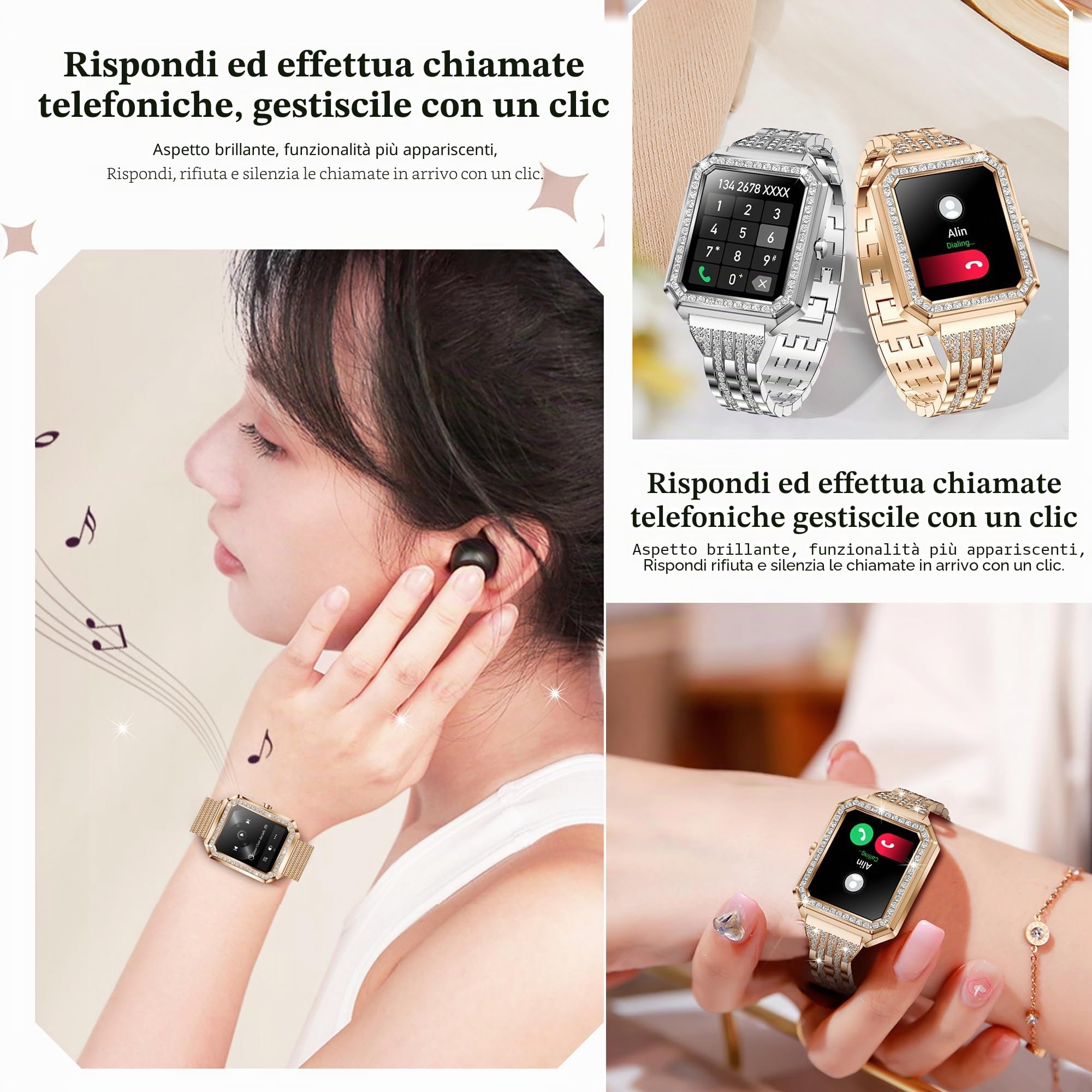 Smartwatch Donna Chiamata Bluetooth e Risposta Vivavoce, Smart Watch con Diamond Contapassi Cardiofrequenzimetro 123 Modalità Sport Orologio Fitness Tracker per Android iOS (Argento)