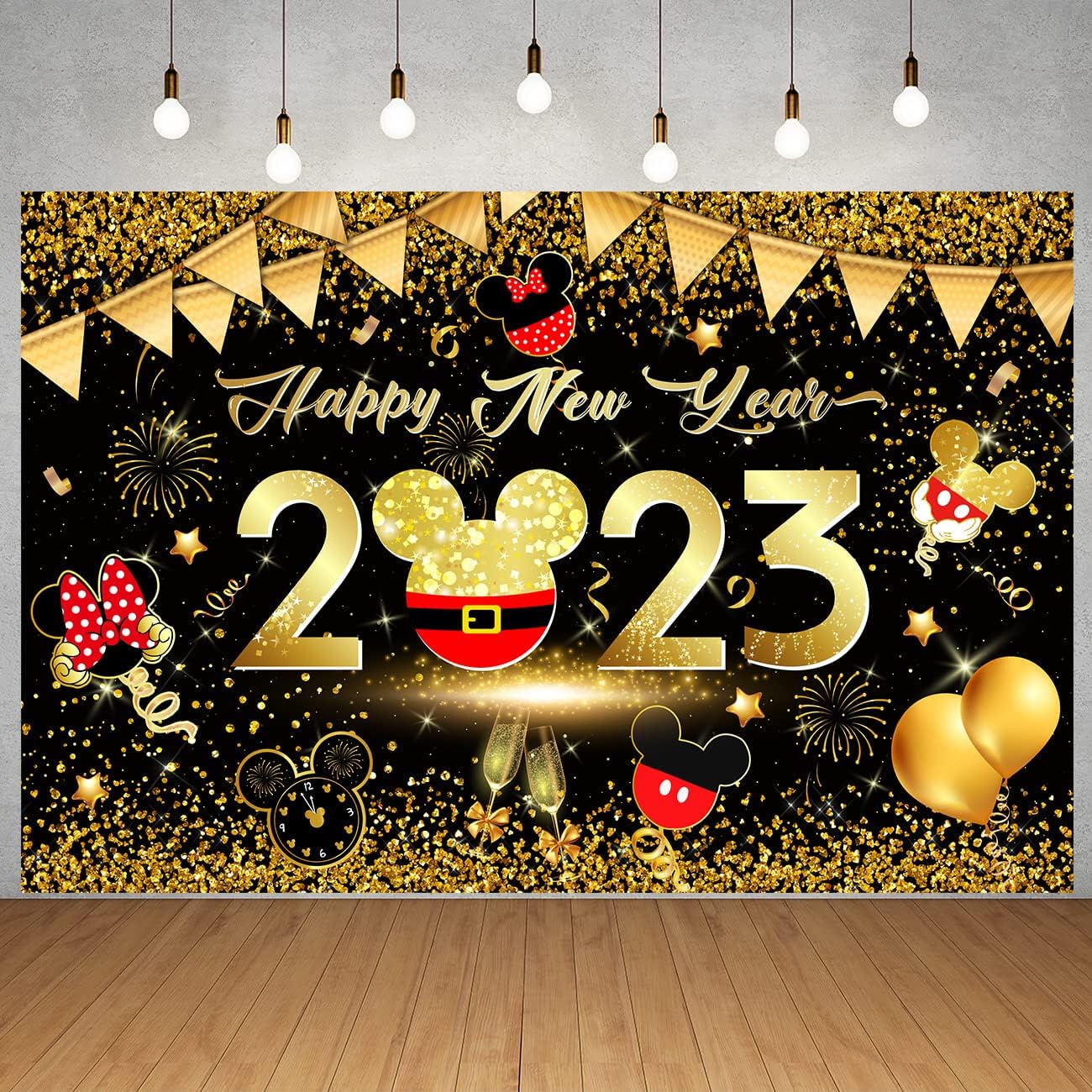 2023 Happy New Year Backdrop, 5x3Ft New Year Eve Party Supplies 2023 Mouse Theme Black and Gold Happy New Year Banner 2023 Photography Background New Year's Eve Party Banner Mouse Background Decor : Electronics