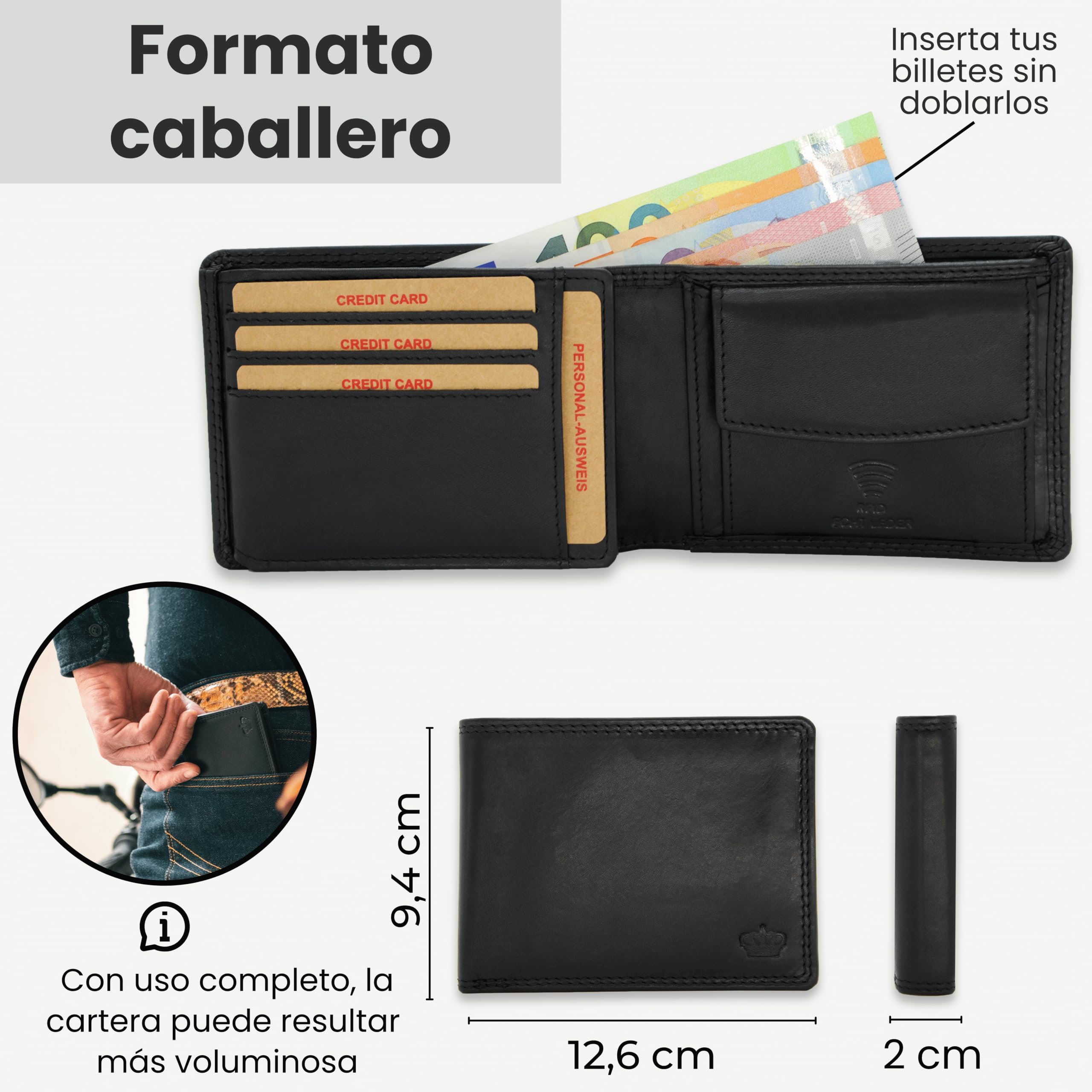 Baur - Cartera de piel auténtica para hombre, con protección RFID, Negro , 12,6cmx9,4cmx2cm, Clásico