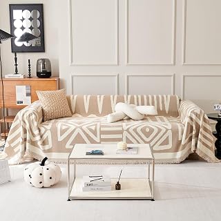 VClife Boho Chenille Couch Cover for 2-Cushion Sofa - Reversible Khaki/White Plaid Triangle Slipcover, 71x118 Inch Pet Protector