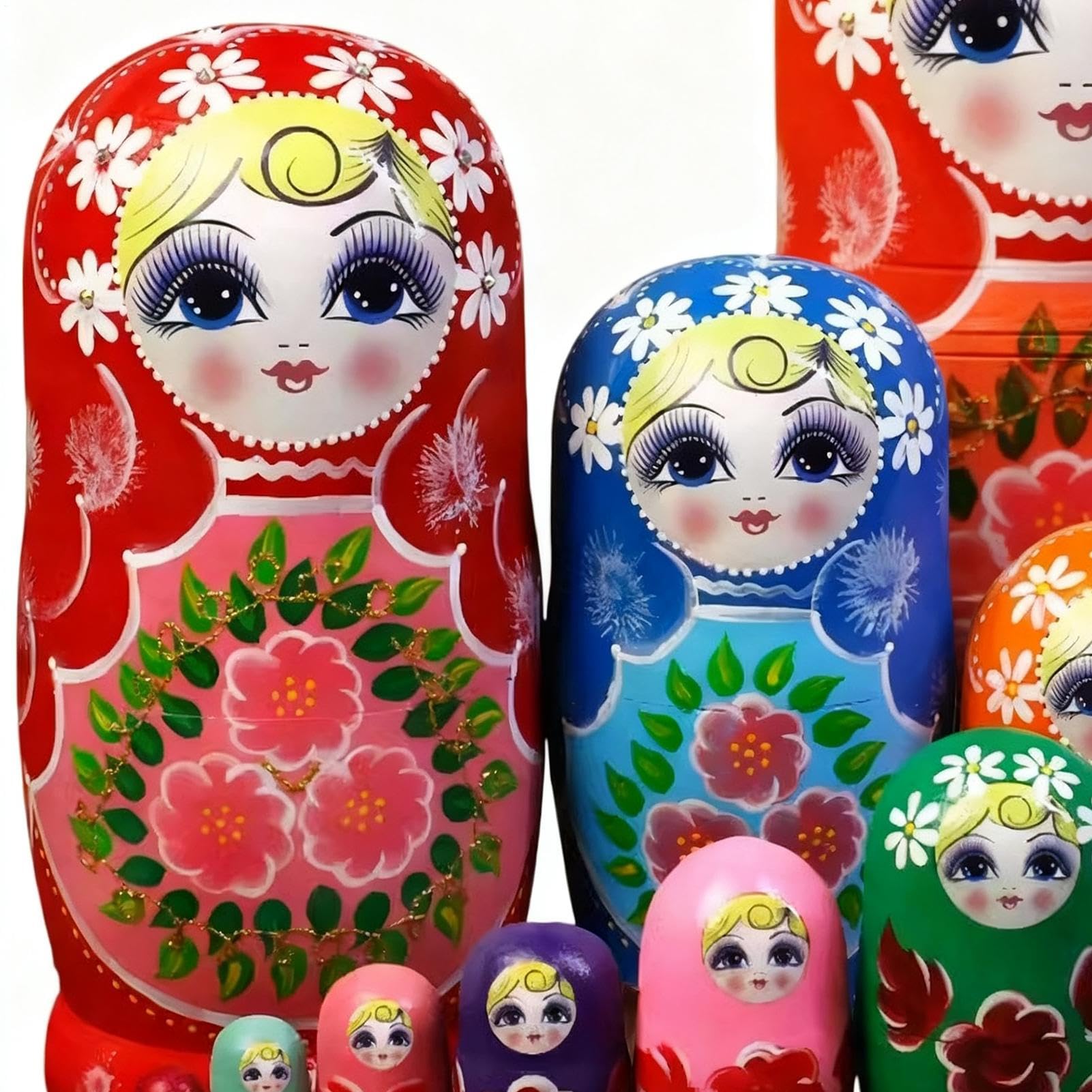 Generisch Matroschkas Puppen Set aus Holz, 10-teilig handbemalt und lackiert, traditionelle russische Schachtelpuppen als Souvenir, Dekoration und Stapelspielzeug für Kinder undSammler