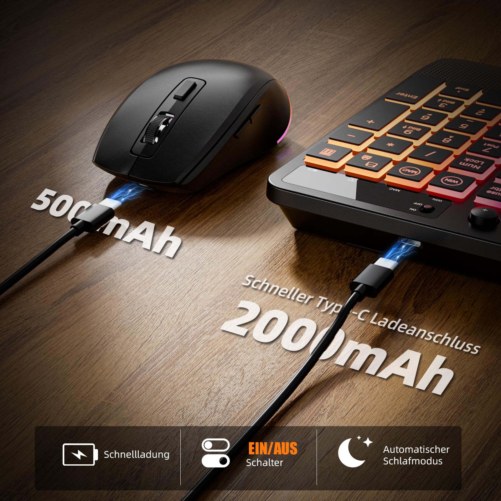 Hamile Tastatur Maus Set kabellos Beleuchtete mit Handyhalter, 2,4G QWERTZ