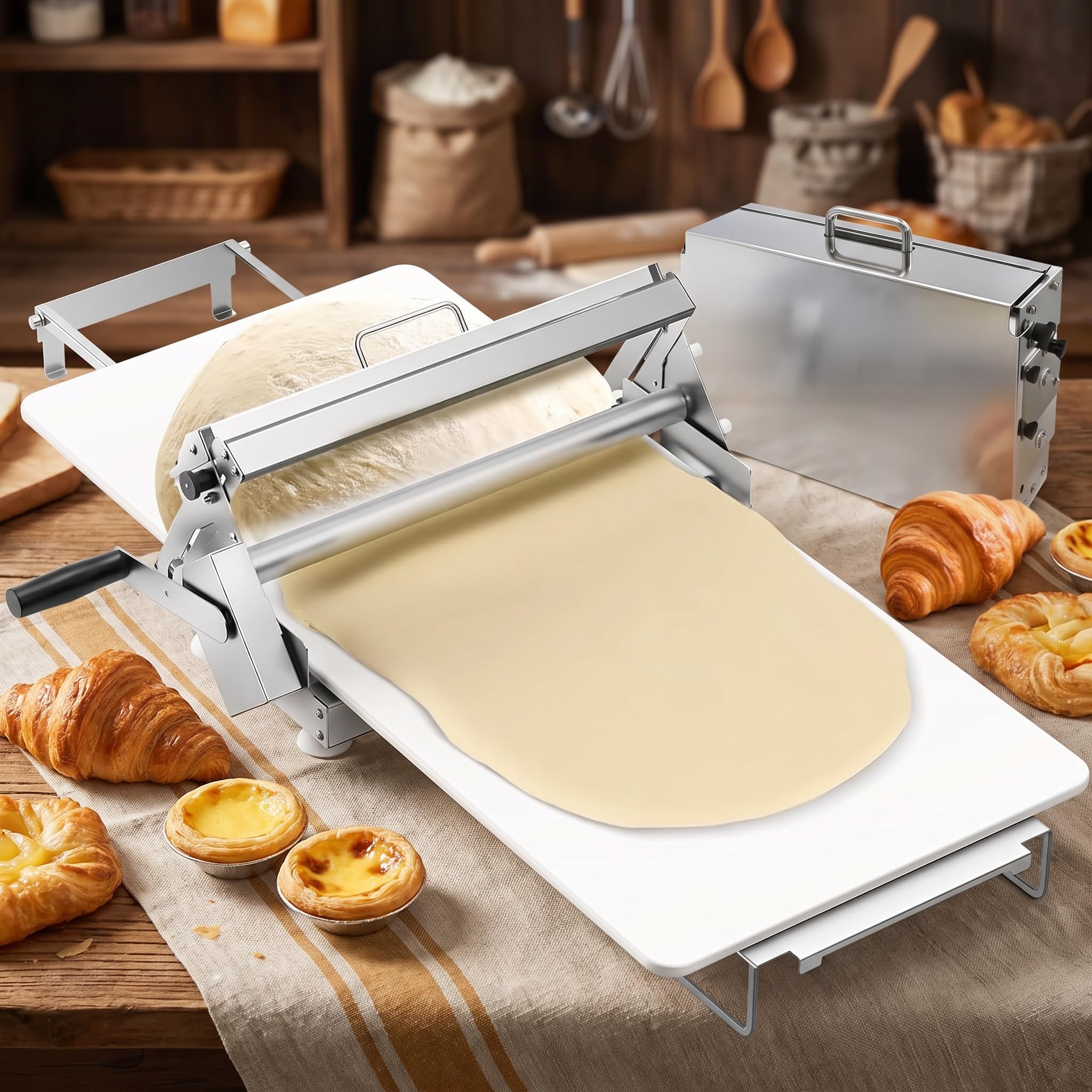 Manuelle Teigausrollmaschine, Tragbare Manuelle Teigrolle, Tisch-teigausrollmaschine Aus Edelstahl Für Croissants, Pizza, Tarte, Blätterteig, Für Gewerbliche Und Private Bäckereien, Einstellbare