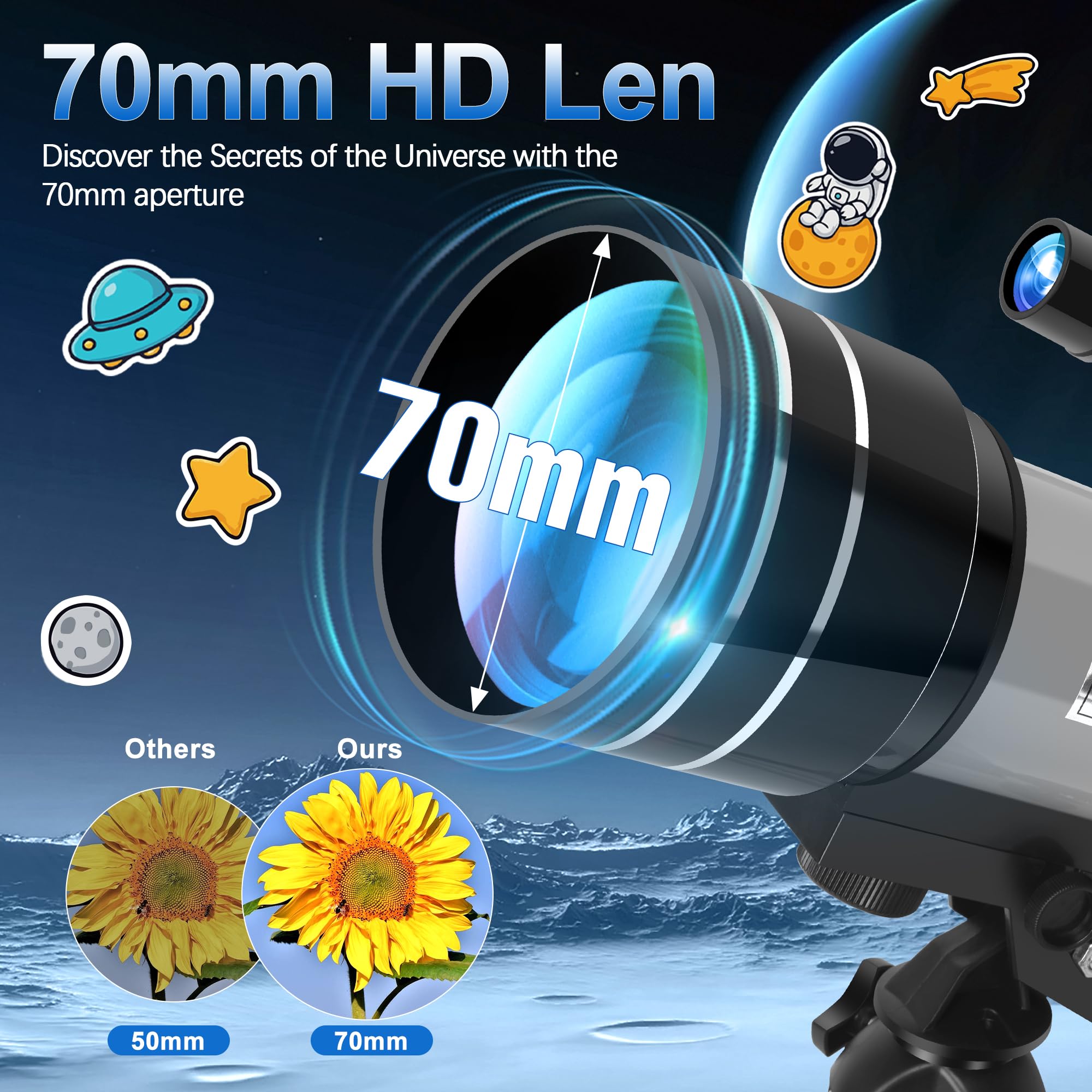 Télescope réfracteur pour et Adultes, pour débutants, Ouverture de 70 mm, Distance focale de 300 mm, avec Montage équatorial, idéal pour l'observation de la Lune