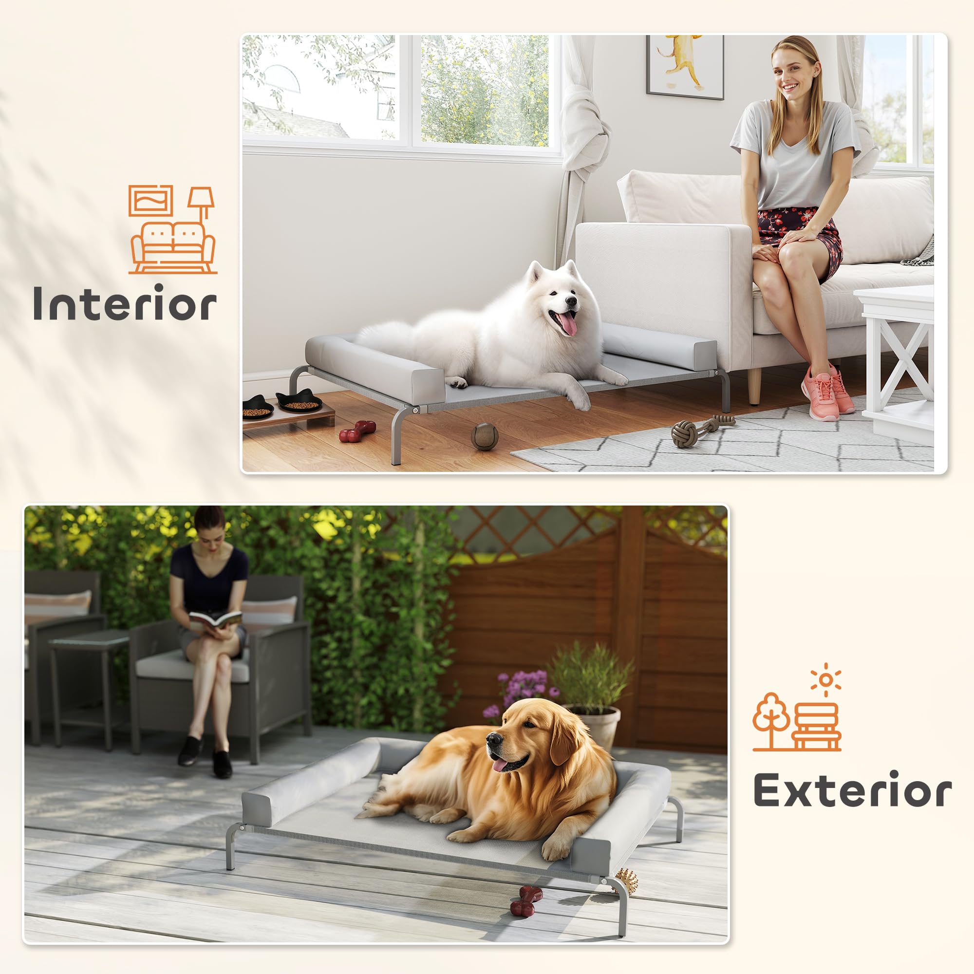PawHut Cama Elevada para Perros Refrescante con Refuerzos Extraíbles Cama Elevada para Perros Grandes Portátil con Malla Transpirable Marco de Acero para Interior Exterior 130x90x30 cm Gris Claro