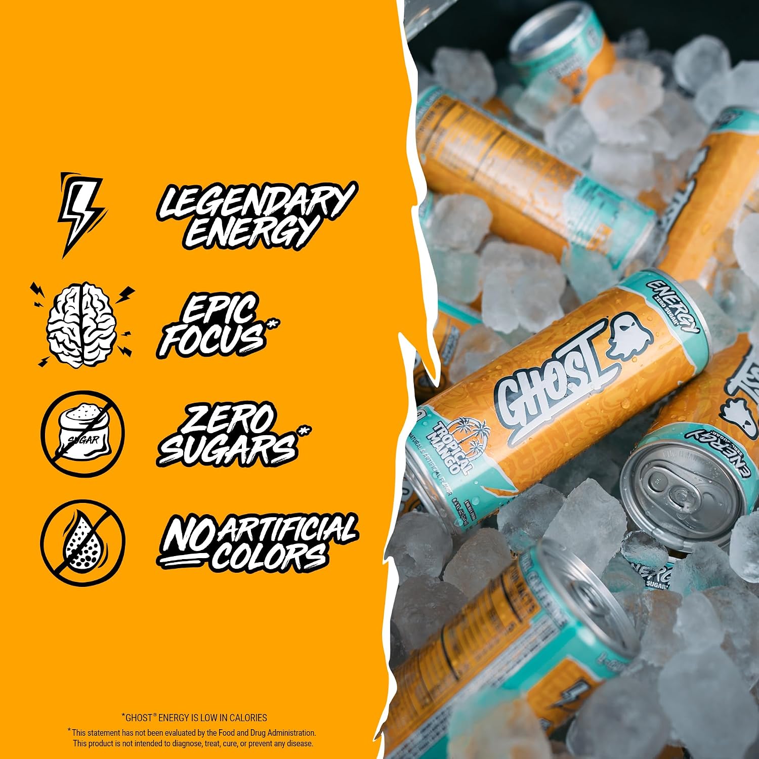 GHOST Energy Drink - 24-Pack, Tropical Mango, 8.4oz - Energy & Focus & No Artificial Colors - 100mg of Natural Caffeine, L-Carnitine & Taurine - Gluten-Free & Vegan