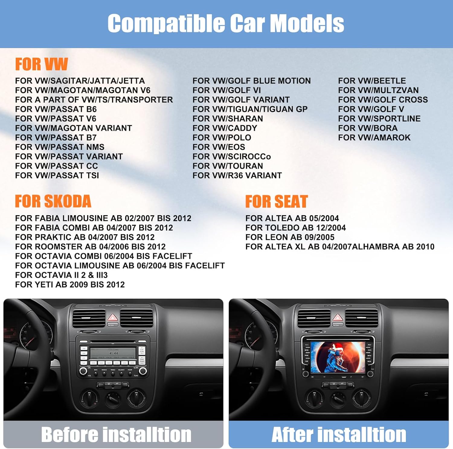 Compatible Car Models for CAMECHO Car Stereo and Before/After Installation View