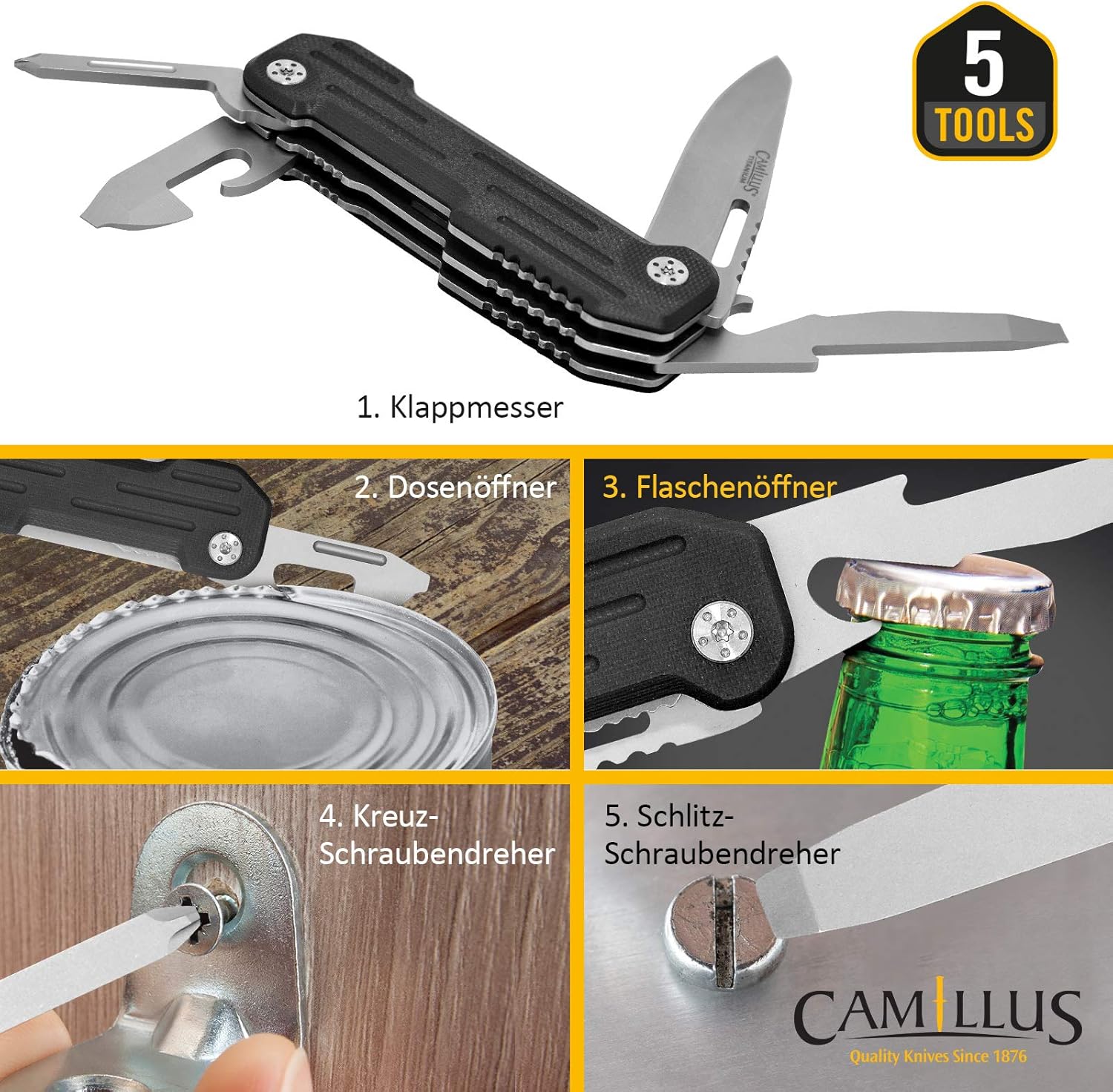 CAMILLUS Pocket Block 6.25" Compact Durable Corrosion-Resistant 420 Stainless Steel Folding Pocket Knife - Everyday Carry Multitool with 5 Integrated Tools Within Handle