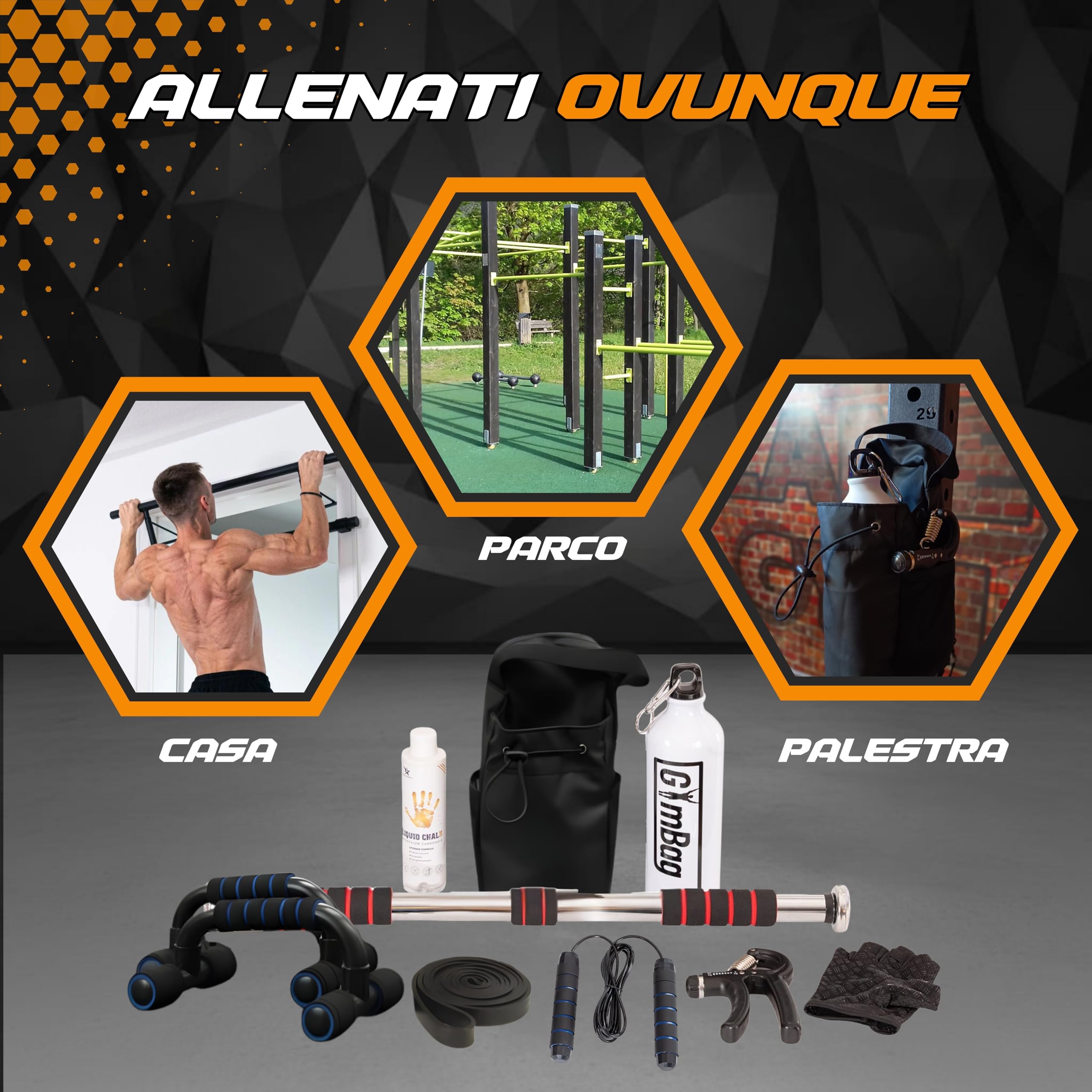 Kit Calisthenics 10 in 1 Completo per Allenamento Corpo Libero a Casa, con Sbarra per Trazioni e Guida Digitale