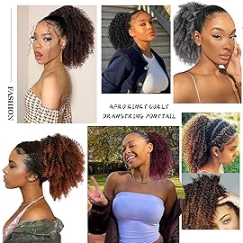 G&T Wig Afro Curly Drawstring Ponytail Extension for Black Women Short Kinky Curly Ponytail Syntheetic Hairpieces for Daily (1B)