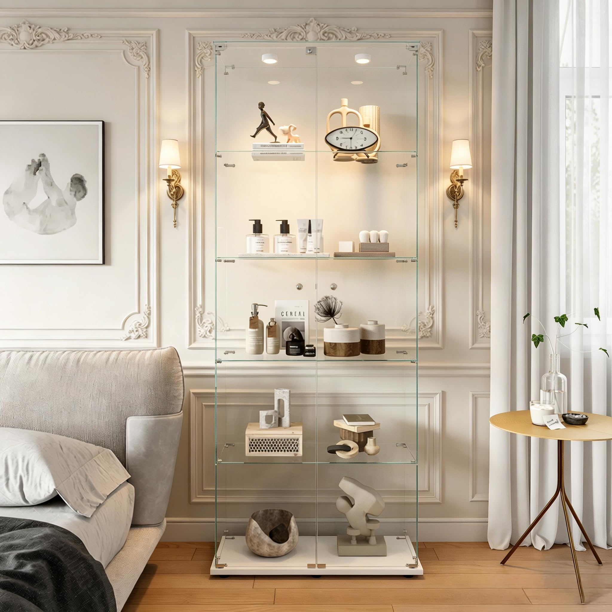 Vetrine in Vetro da Terra con LED,Vetrina Espositiva con 5 Ripiani in Vetro,Vetrinetta Soggiorno Moderna con 2 Porta e Serratura,Vetrina Espositore per Collezionismo,Libri,Vino,Bianco