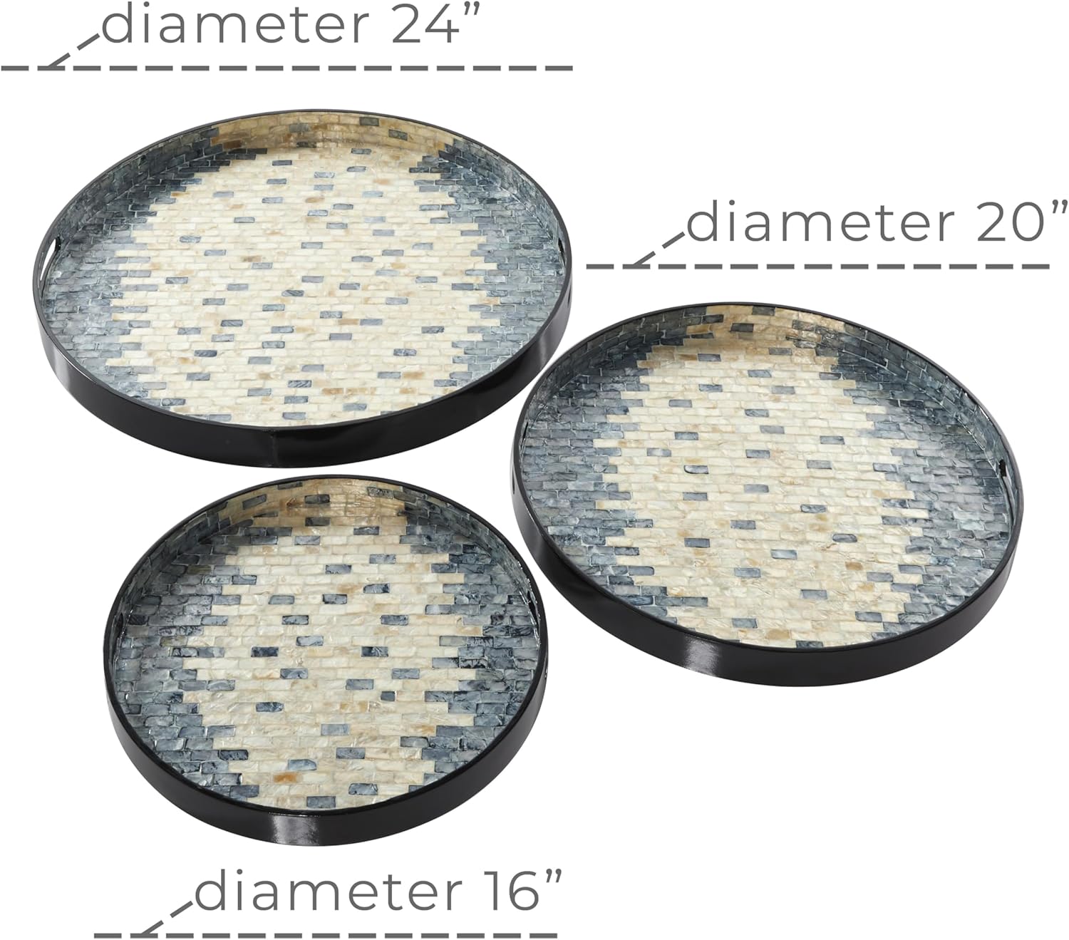 Deco 79 Mother of Pearl Shell Handmade Tray with Slot Handles, Set of 3 24", 20", 16"W, Blue