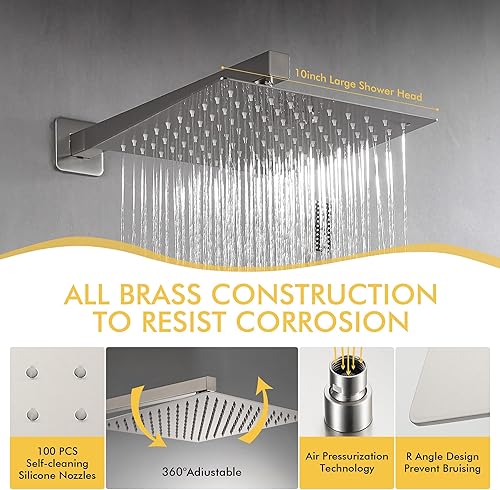 Miniatura 2 de Fransiton Sistema de ducha de níquel cepillado de 10 pulgadas, sistema de ducha de lluvia montado en la pared, cabezal de ducha de lluvia con mano,