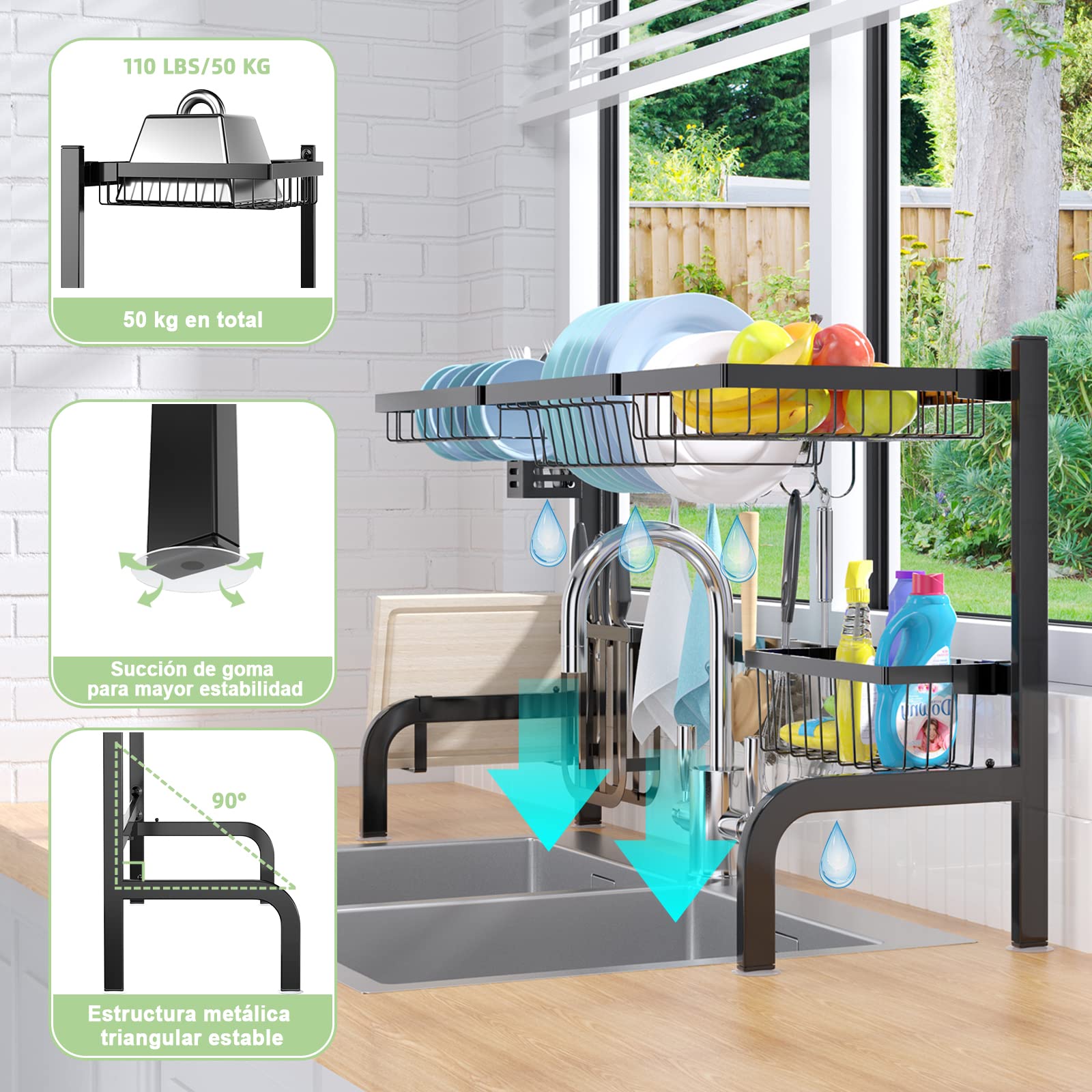 COSTWAY Escurridor de Platos, Escurreplatos sobre el Fregadero, Escurreplatos Ajustable en 2 Niveles (53-99 cm), Acero Inoxidable 4 Cestas y 8 Ganchos, Soportes para Utensilios y Cuchillos