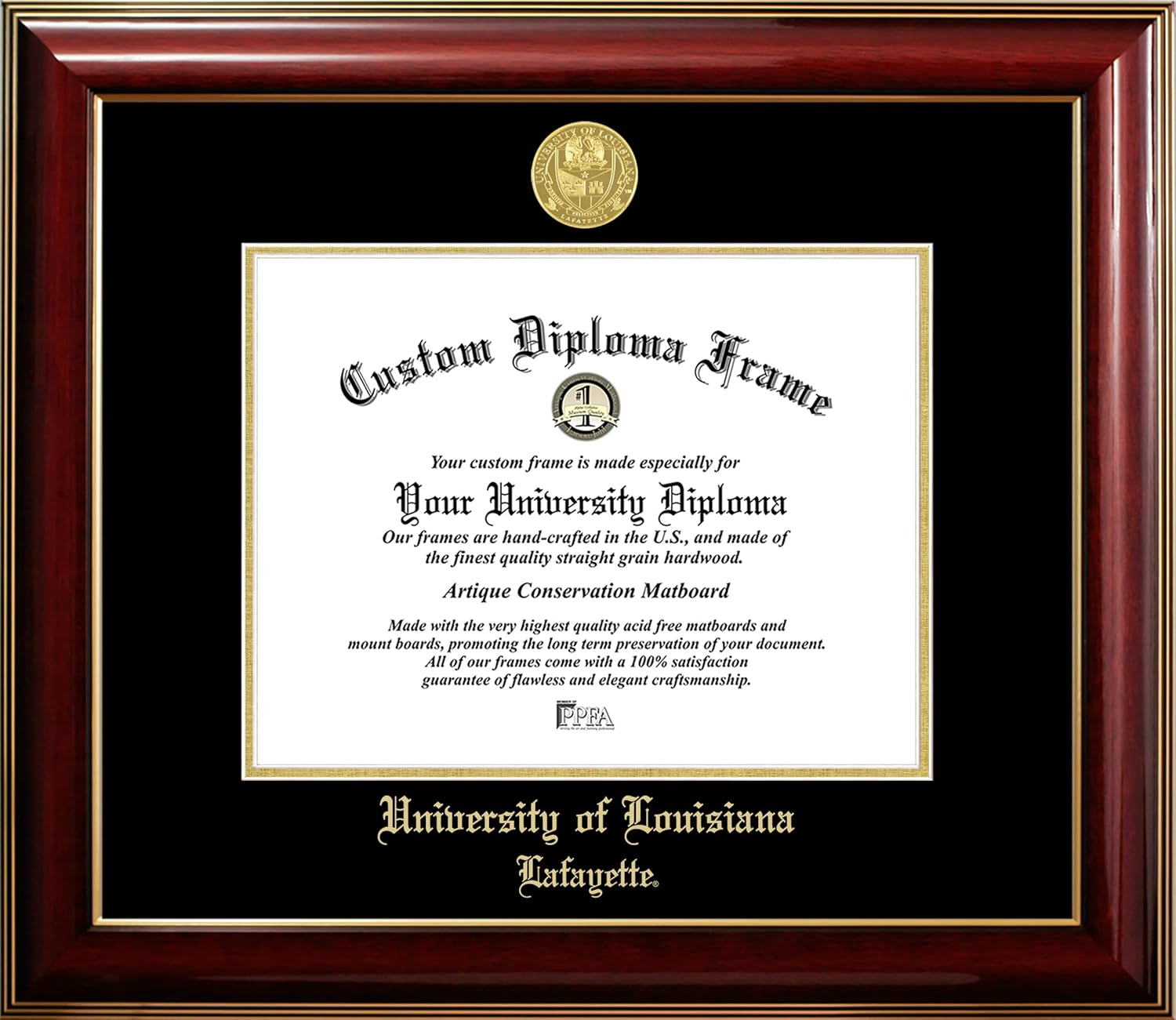Campus Images University of Louisiana-Lafayette 11w x 8.5h Classic Mahogany Gold Embossed Diploma Frame