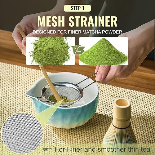Miniatura 3 de Juego de batidor de matcha, juego de 5 piezas de matcha azul, kit de matcha con cuenco matcha, batidor de matcha y soporte, cuchara de bambú, tamiz