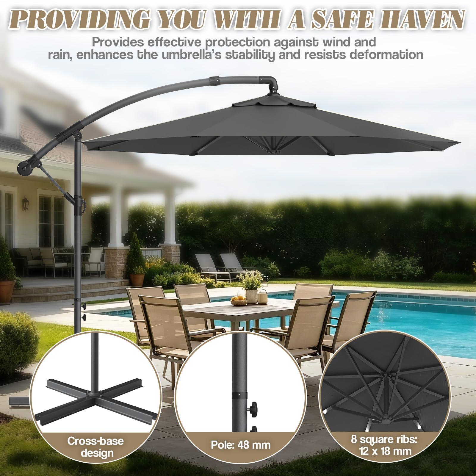 Verdego Parasol przeciwsłoneczny ze stojakiem, Ø 300 cm, parasol ogrodowy z korbą, parasol tarasowy, ochrona przed promieniowaniem UV, wiatroszczelny, wodoodporny, parasol rynkowy, obracany o 360°