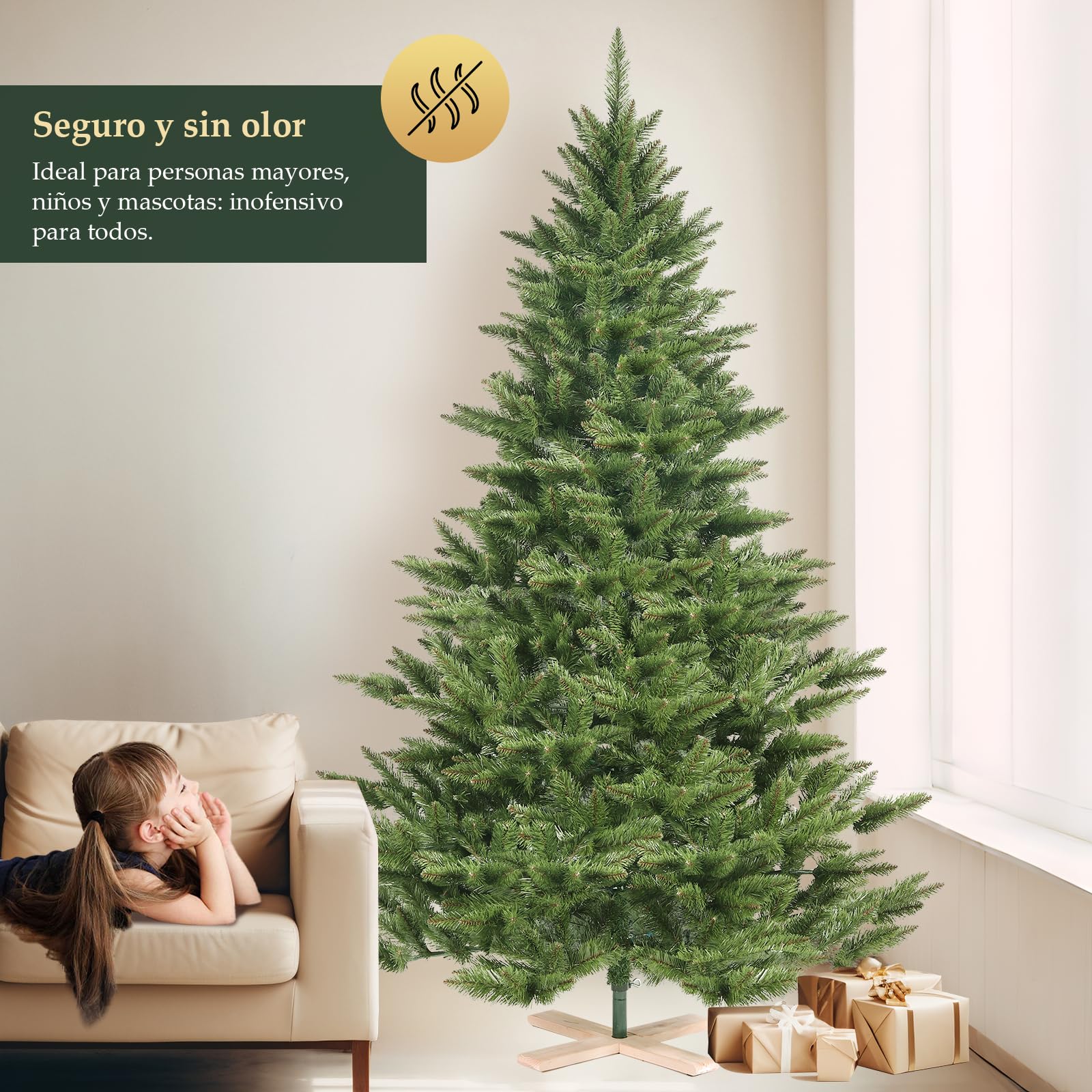 SALCAR - Árbol de Navidad Artificial de 760 Puntas, 2,1 m, Sistema de sombrilla Plegable, Soporte de Madera, diámetro de 132 cm (Verde)
