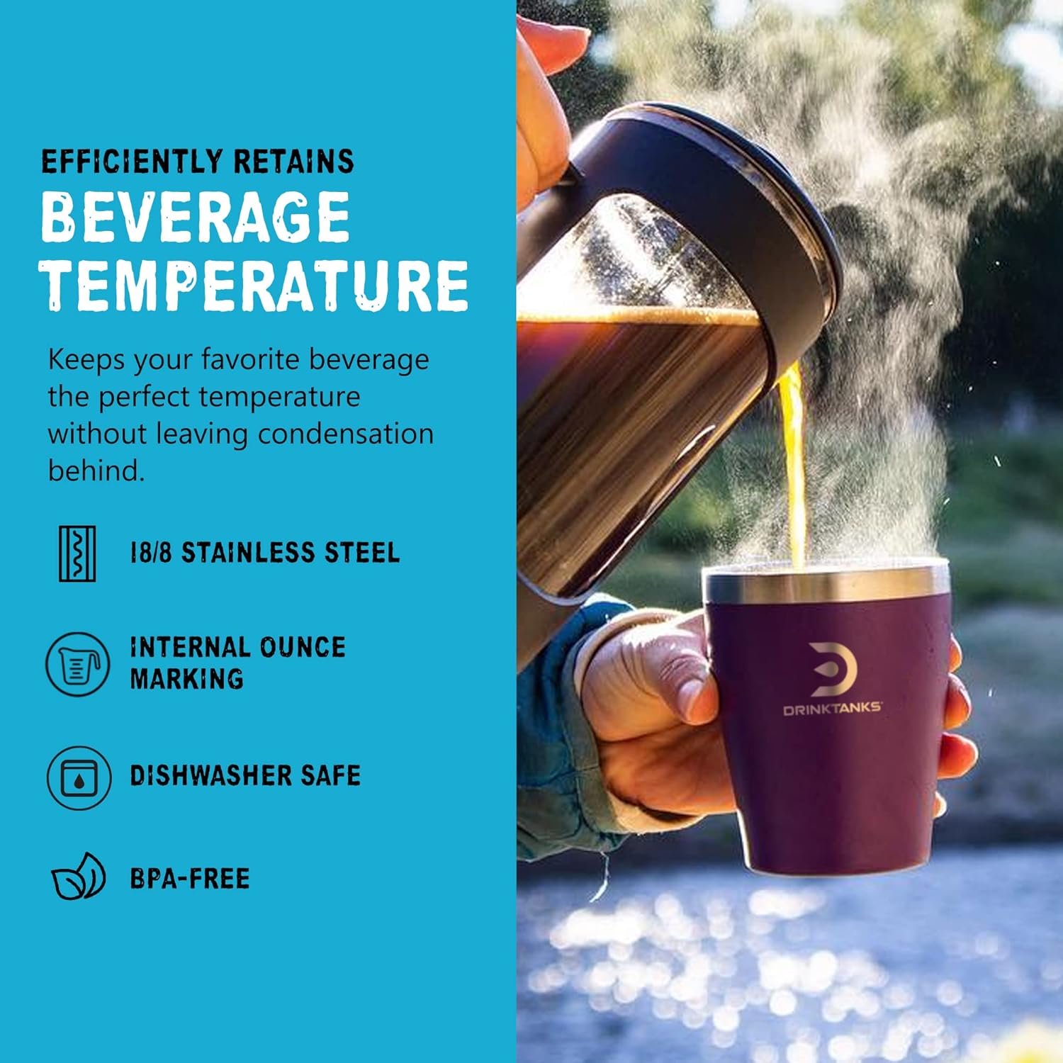 DrinkTanks Insulated Craft Cup 10 oz Tumbler with Lid – Stainless Steel Reusable Travel Cup for Coffee, Beer, Wine, Cocktails, Water & Kombucha, BPA-Free, Spill-Proof, Vacuum Sealed - Coastal