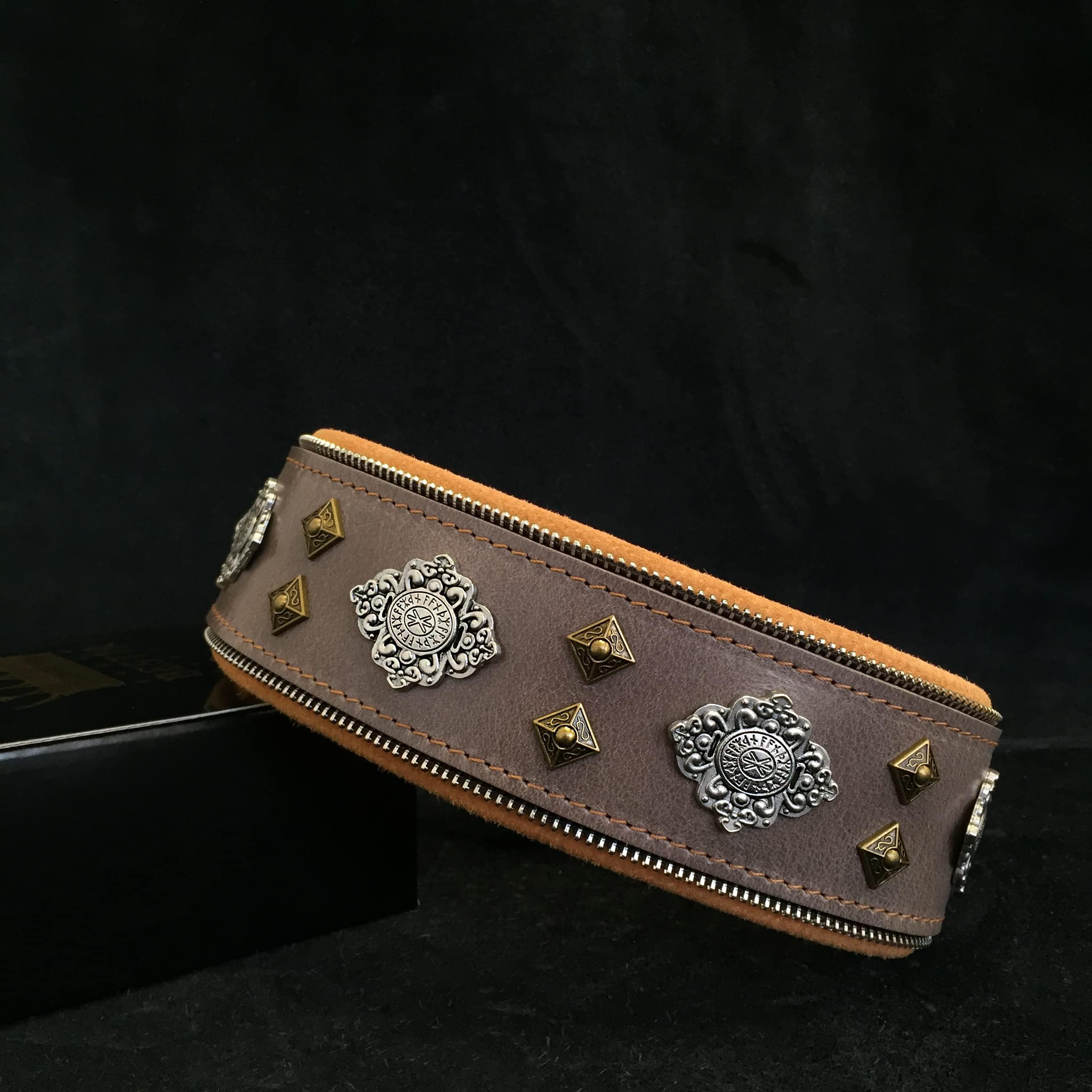 Bestia "Aztec Grey Genuine Leather Big Dog Collar. Unique Rivet Design. Soft Padded