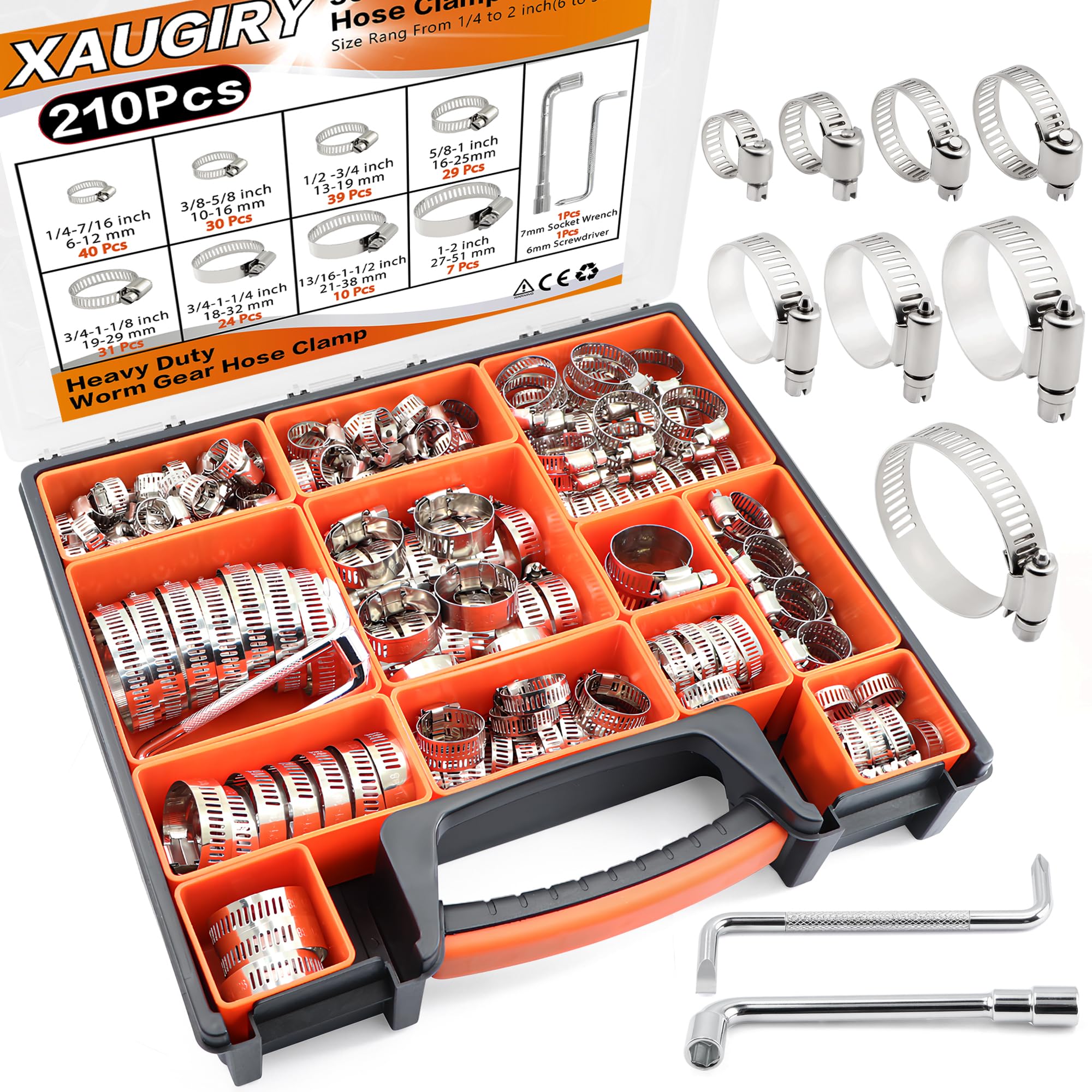 210Pcs Worm Gear Hose Clamps Kit 1/4"-2"(6-51mm) with Tools for Pipeline
