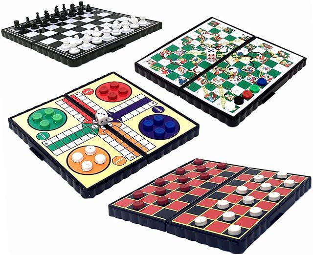 4 Magnetic Miniature Travel Board Games Ideal Road Trip Entertainment Chess Draughts Ludo Snakes and Ladders Foldable Easy to Store Away Individually Boxed Great Gift for Kids