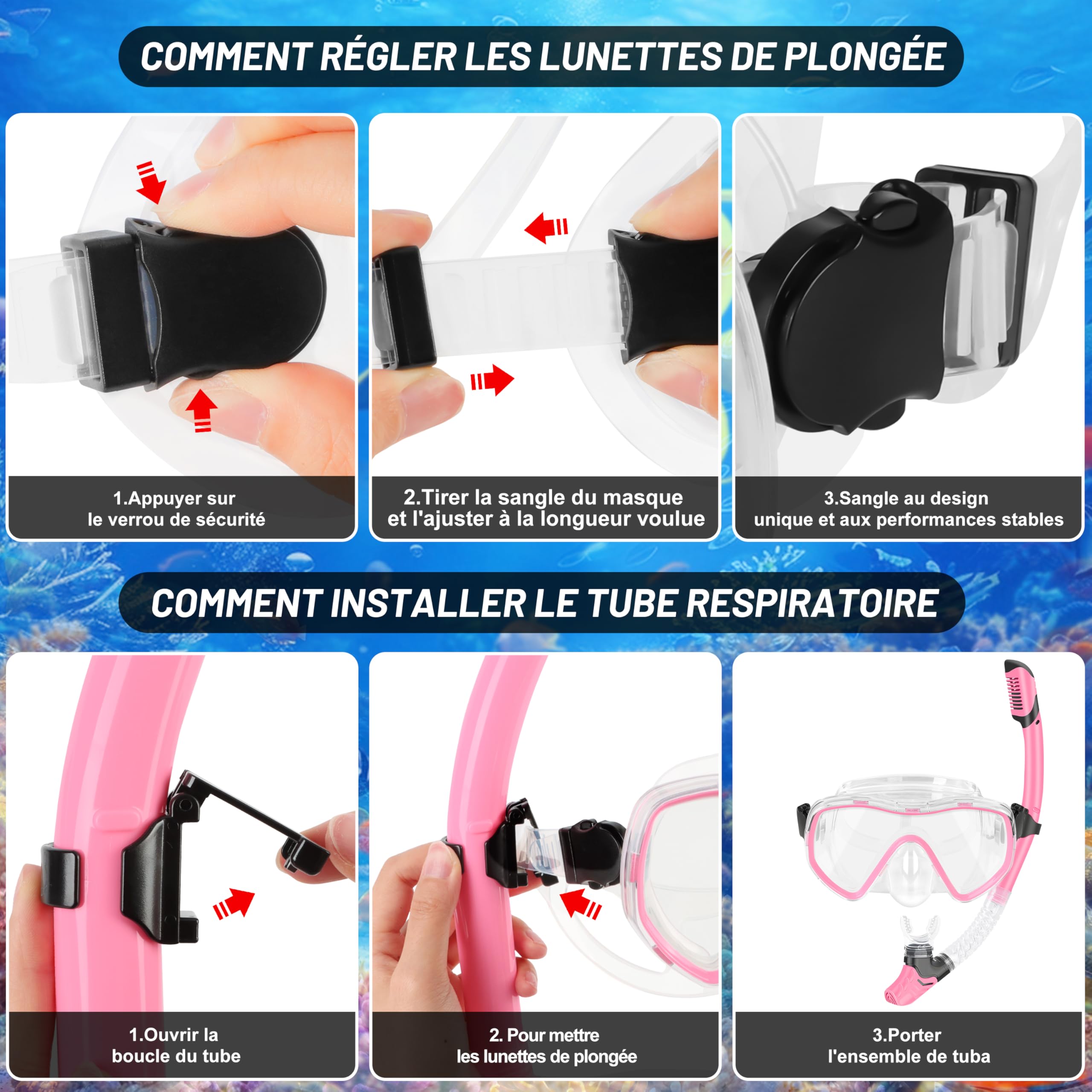 IEEILULU Masque Plongée Anti Buée et Tuba Sec, Kit de Plongée Adulte 7 Pièces avec Palmes Réglables, Pochette Étanche, Bouchons d'oreille, Kits de Randonnée Aquatique pour Homme Femme