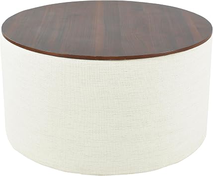HomePop Modern Fabric Storage Ottoman with Wood Top - Stain-Resistant Cream Woven 30 x 30 inch