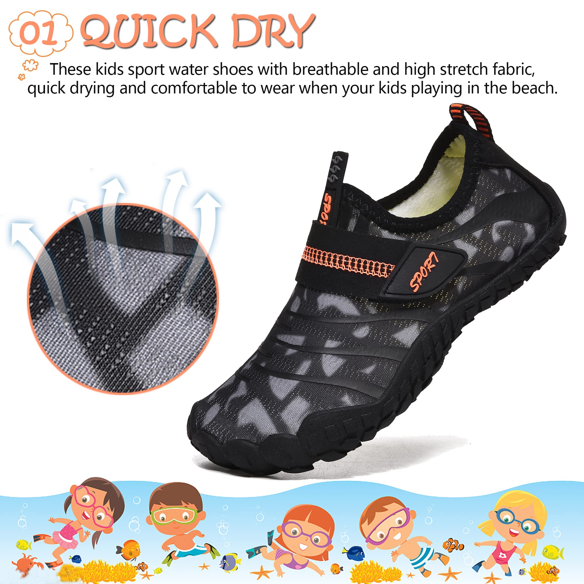 Wasserschuhe für Kinder, Jungen, Mädchen, Strandschuhe, Aqua, Schwimmschuhe, Pool, Barfußschuhe, schnell trocknend, leicht, Kinder, Surfen, Tauchschuhe, schwarz grau, 34 EU