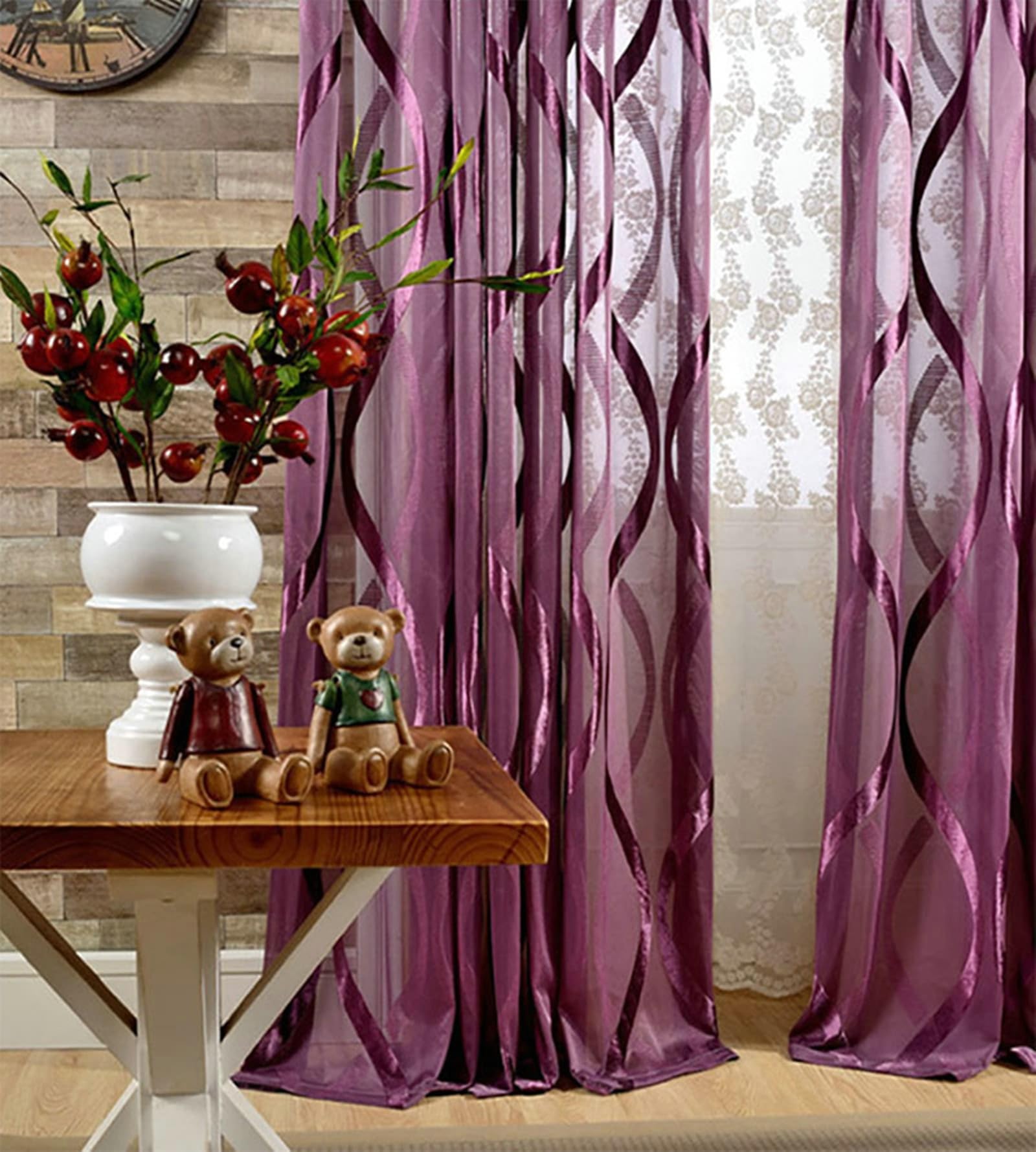 Polyester Transparent Vorhänge Transparent Lila 215 Höhe 2er Set, Moderne Kurz Fenster Gardine Vorhang Schlafzimmer Beflockung Haken, H215 x B140 cm