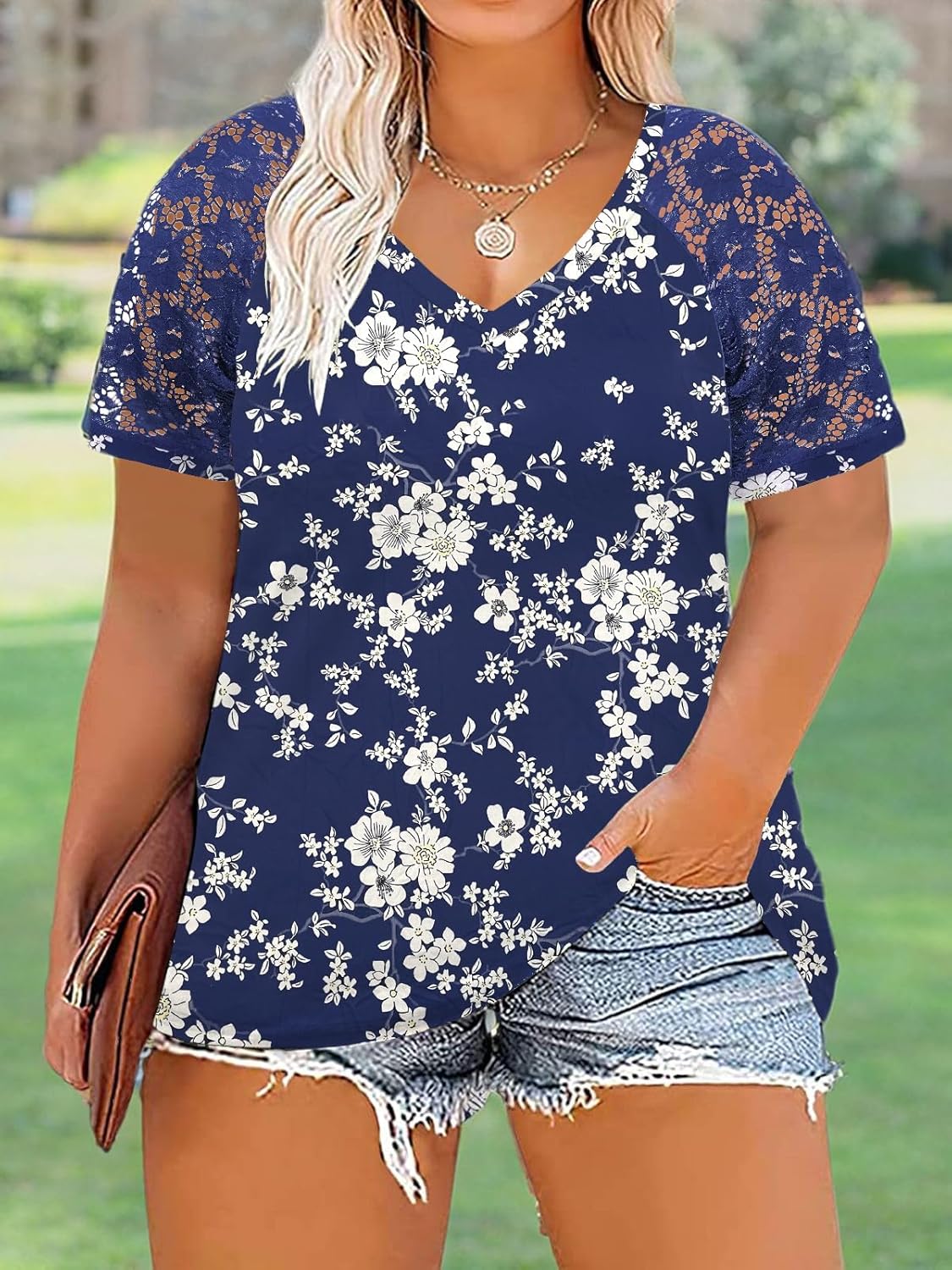 DOLNINE Plus-Size-Tops for Women Summer V Neck Casual Shirts Lace Short Sleeve Tees - Image 5