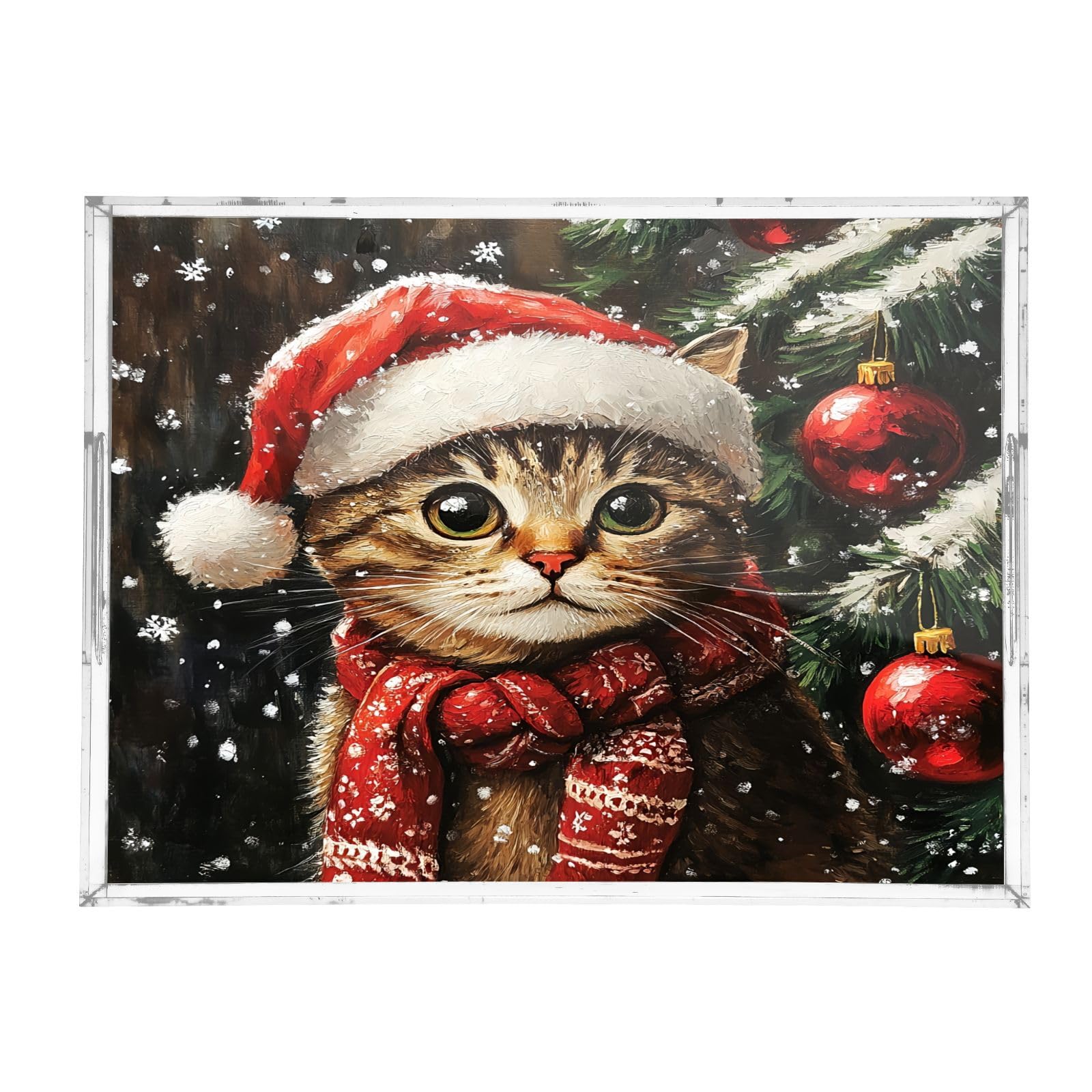 Nesatuwa Cat Christmas Acrylic Serving Tray with Handles,Clear Serving Tray Decorative Tray Organiser for Ottoman, Kitchen, Bedroom Decorative Tray 12x16 Inches
