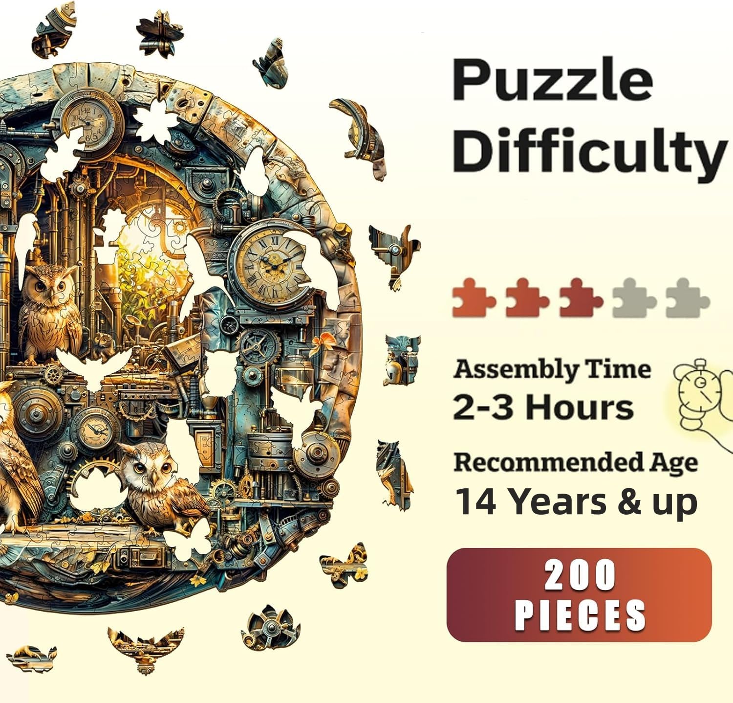 Rompecabezas de Madera para Adultos,200 Piezas Búho Steampunk Irregulares Puzzle de Madera,Puzzles para Adultos con Caja de Regalo, Decoración del Hogar