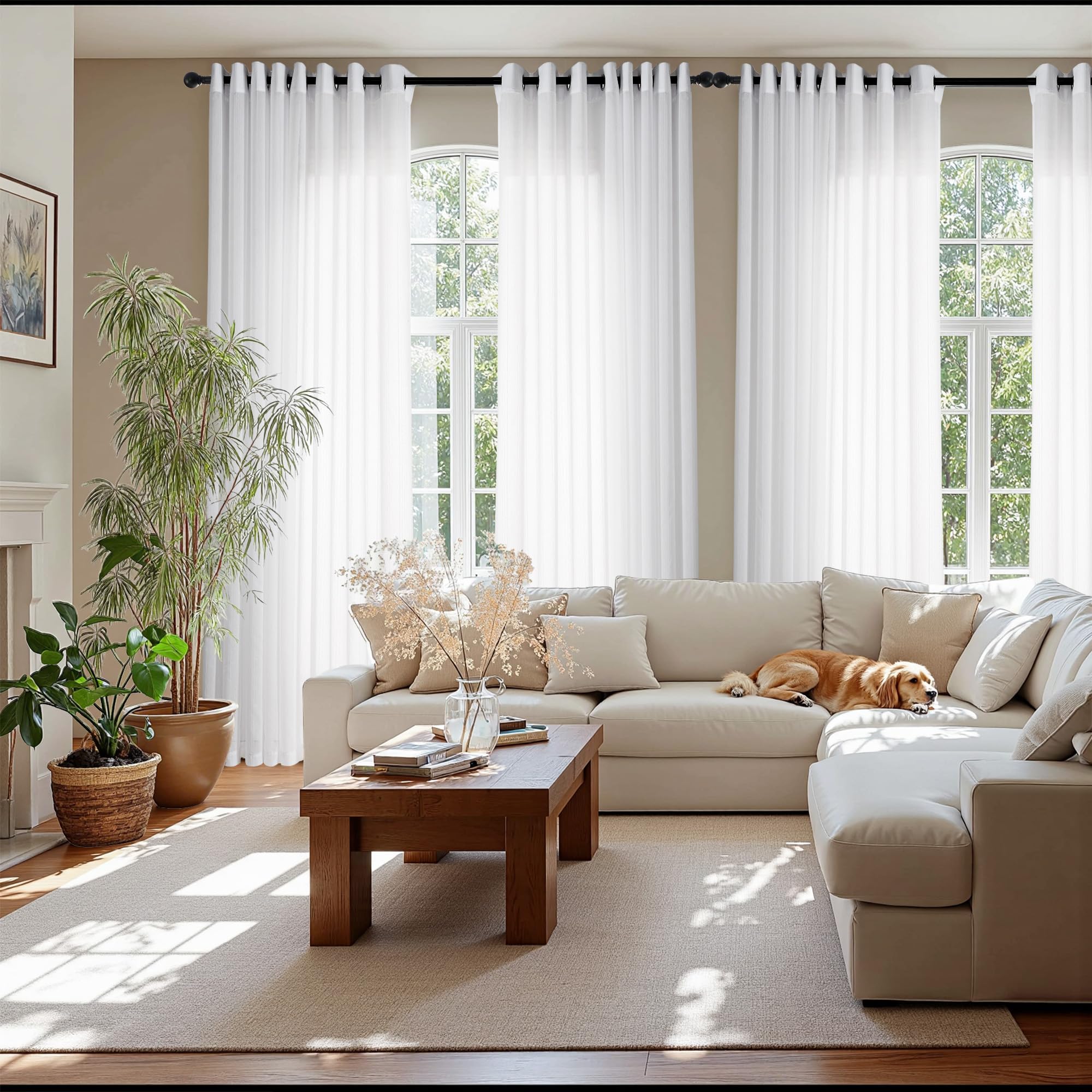 PONY DANCE Rideaux Voilage - Rideaux Semi-Transparent a Oeillets avec Motif Rayés pour Maison Salon Chambre Fenetre Intérieurs Moderne, 2 Panneaux, Blanc, L140xH220cm
