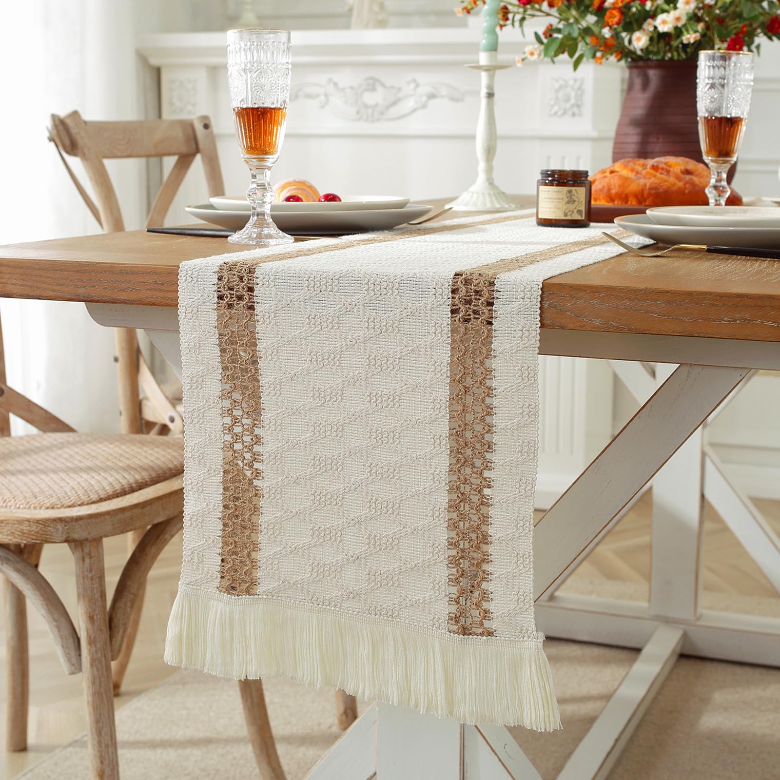 Runner Da Tavola In Stile Bohémien, Con Nappe Blu Polveroso, Stile