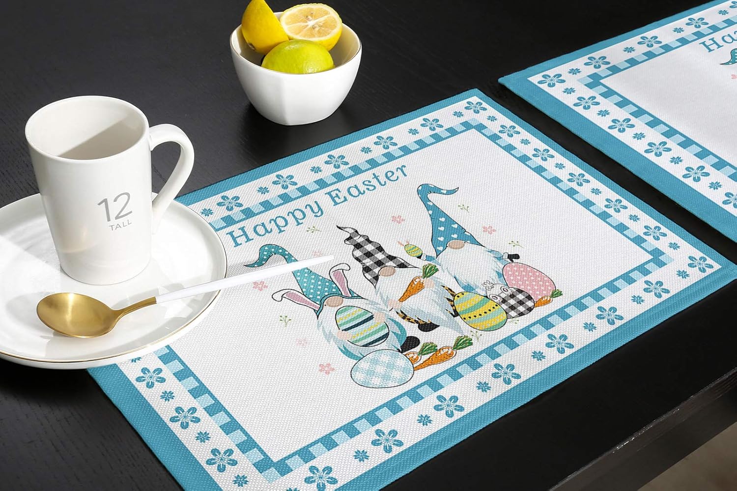 Easter Placemats Bunny Ears Gnomes Tablemats for Dinner Table, Easter Egg Checkered Plaid Table Mats for Easter Spring Holiday Set of 6 Cotton and Linen Washable
