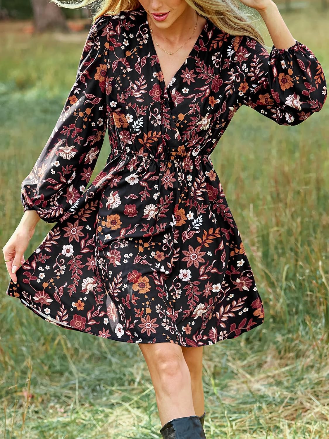 CUPSHE Women Floral Ruffle Summer Dress Surplice V Neck Long Peasant Sleeve Elastic Waist Flowy Casual Holiday Mini Dress - Image 6