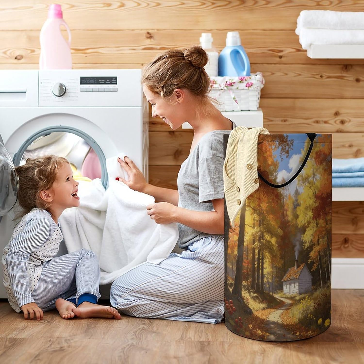 Warm Smoke Cottage Laundry Hamper with Handles Waterproof Collapsible Laundry Basket Large Lightweight Round Dirty Clothes Hamper for Home Dorm Bathroom Decor