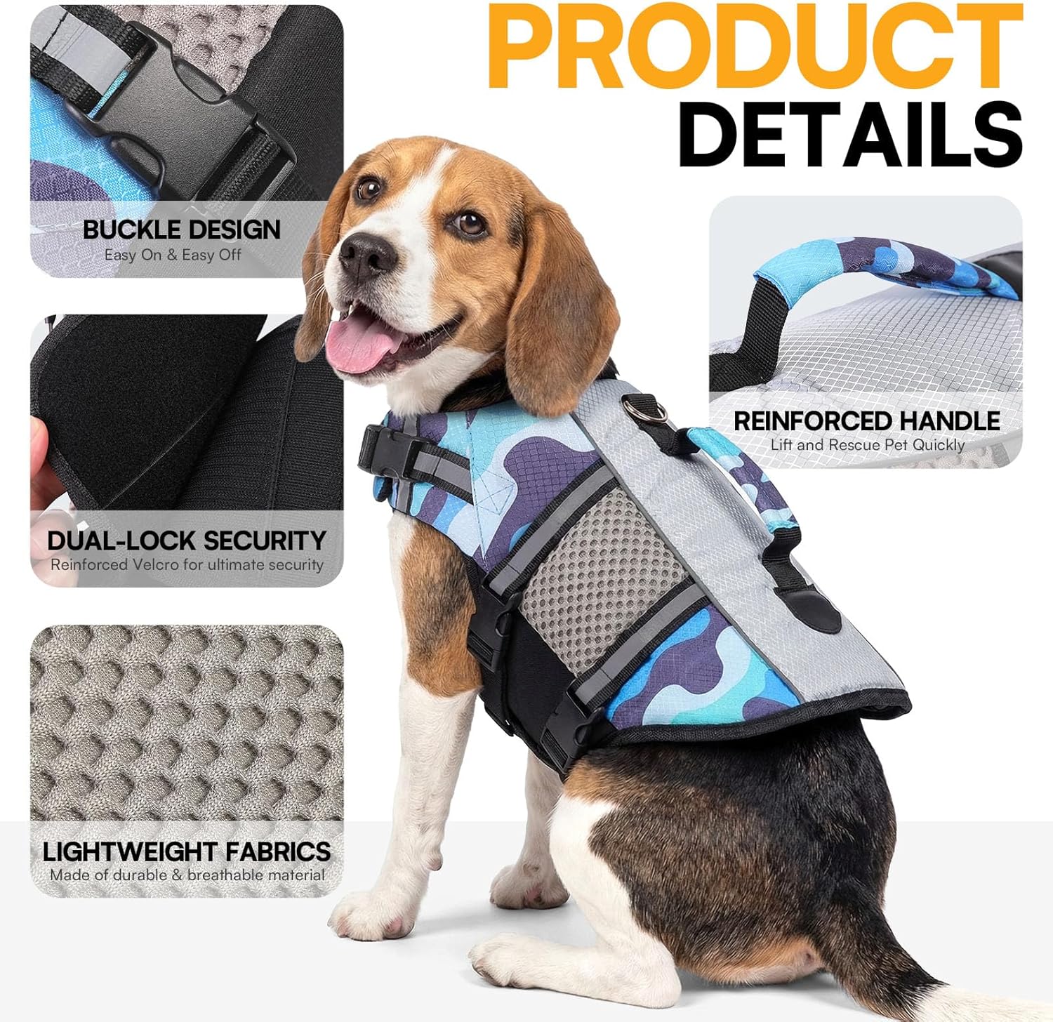 Queenmore Camouflage Dog Life Vest for Swimming, Medium Dog Life Jacket, Pet Floating Vest for Dogs Cats in Water Pool Lake with Rescue Handle, Leash Hook, Reflective Strip