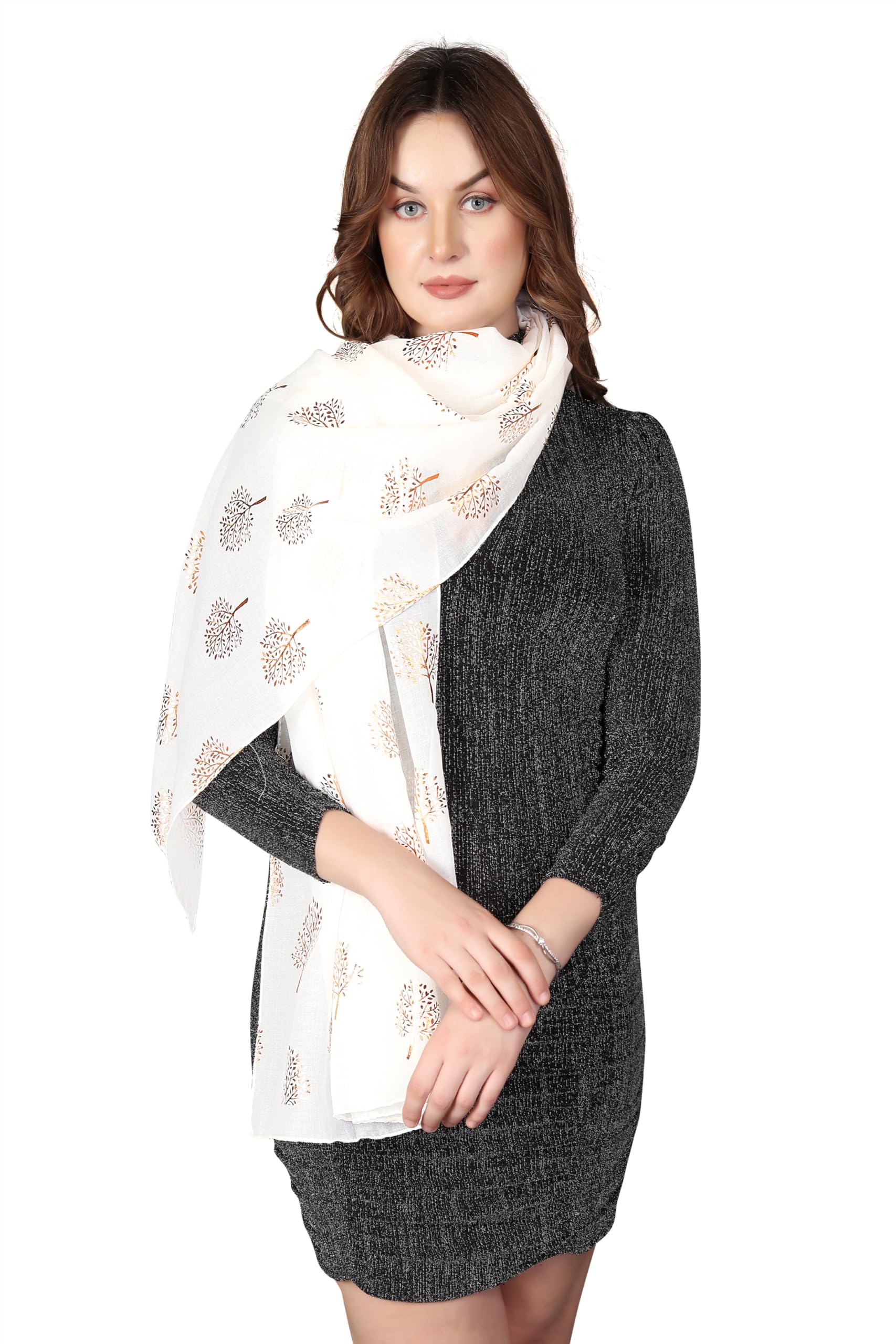 London Scarfs Women's White Glitter Mulberry Trees Scarf Foil Printed Tree Fashion Wrap (White)
