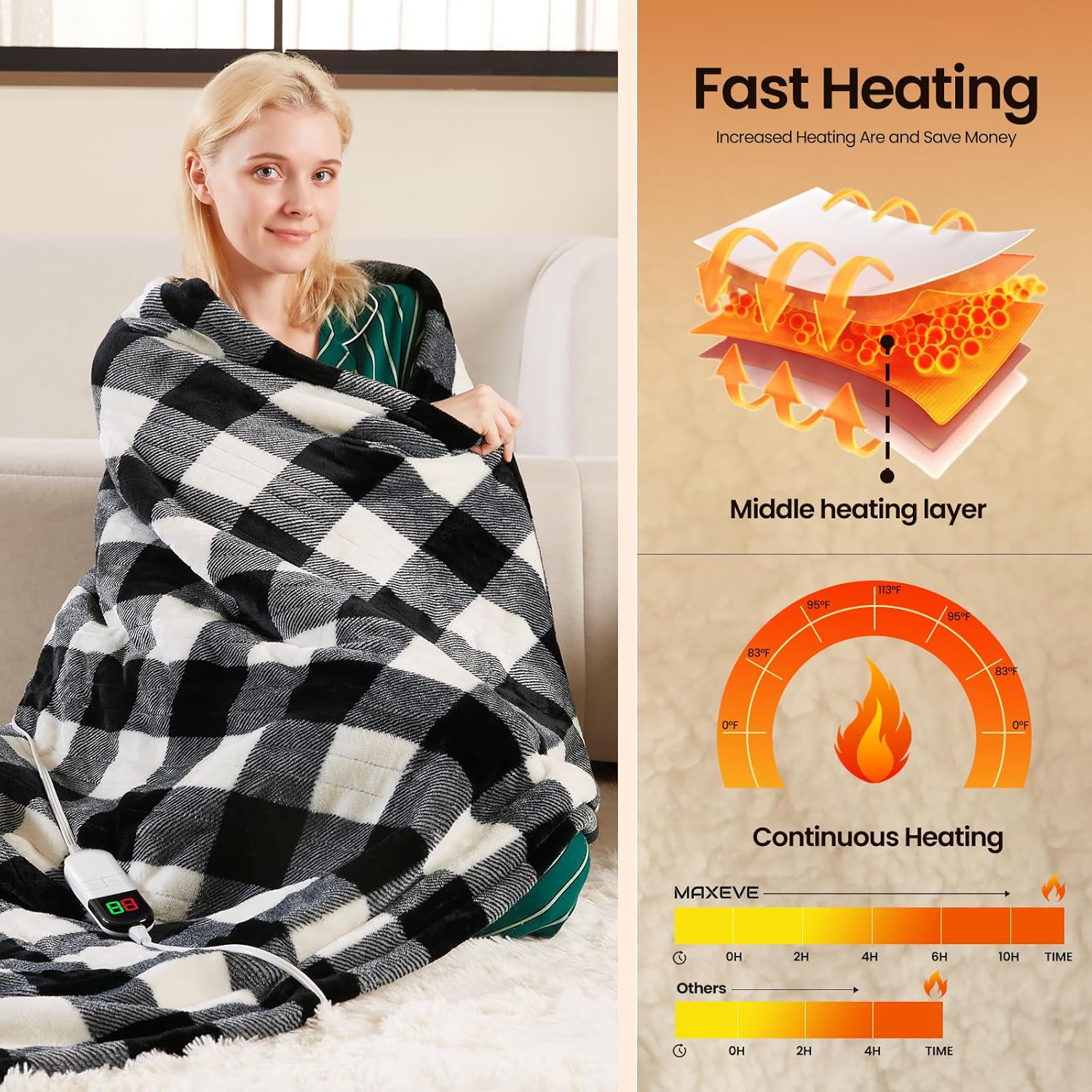 Electric Heated Sherpa Buffalo Plaid Christmas Throw Blanket with 8 Heating Levels & 8 Hours Auto Off, Fast Heating Warm Plush Washable Blanket with Over-Heat Protection, ETL Certification, Black - Image 5