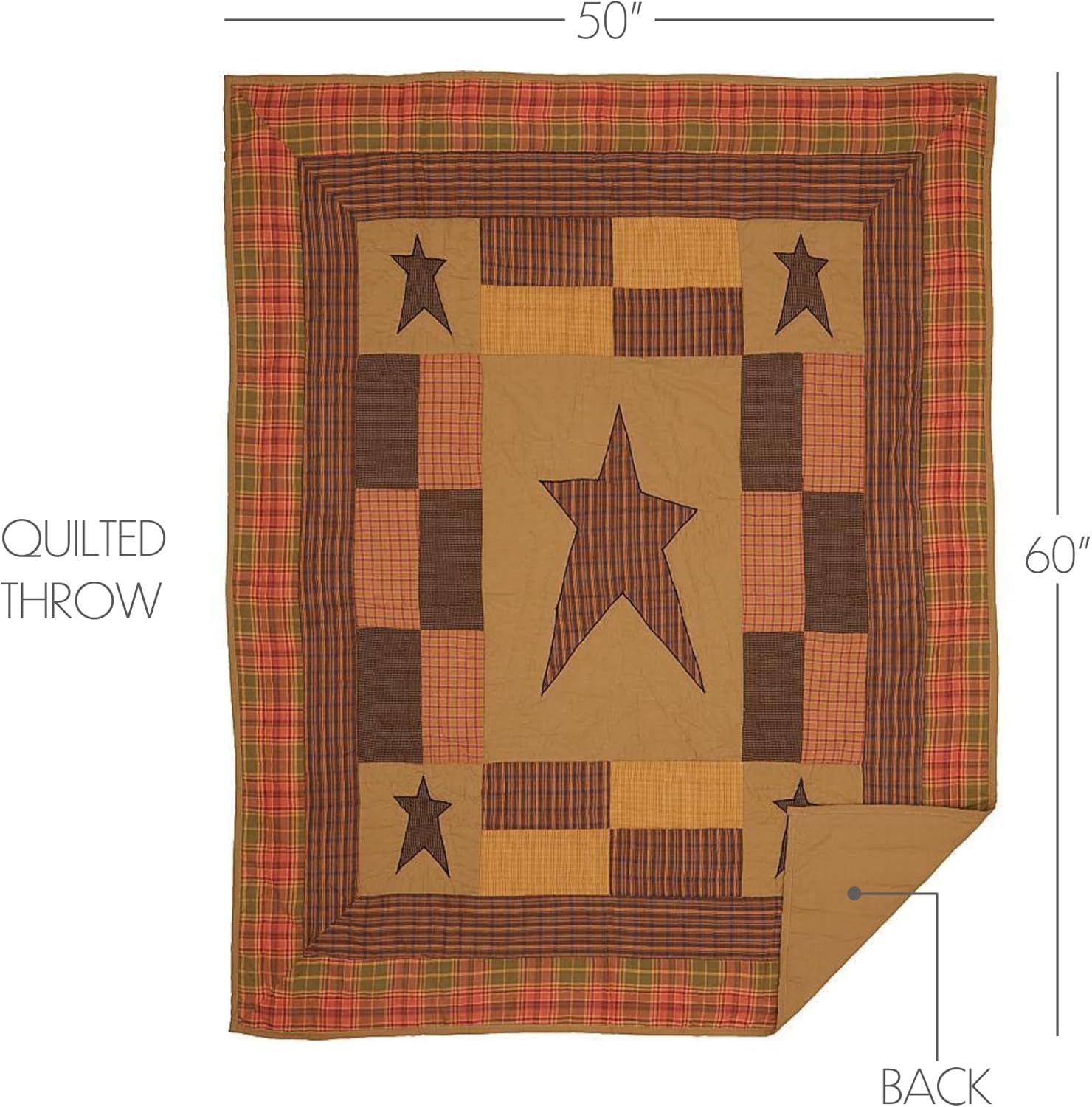 Stratton Primitive 60"x50" Throw Tan Rod Pocket Appliqued Cotton Star Pre-Washed Rectangle Decor