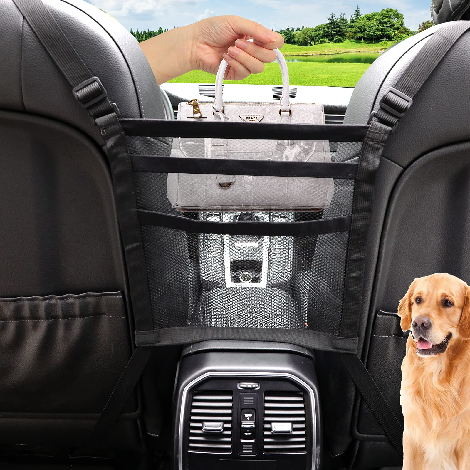 Car Mesh Organizer Between Seats,Dog Car Barrier,3-Layer Mesh Car Net Pocket Handbag Holder,Between Seat Car Organizer,Car Net Pocket Handbag Holder Between Seats,2 Pockets,Black