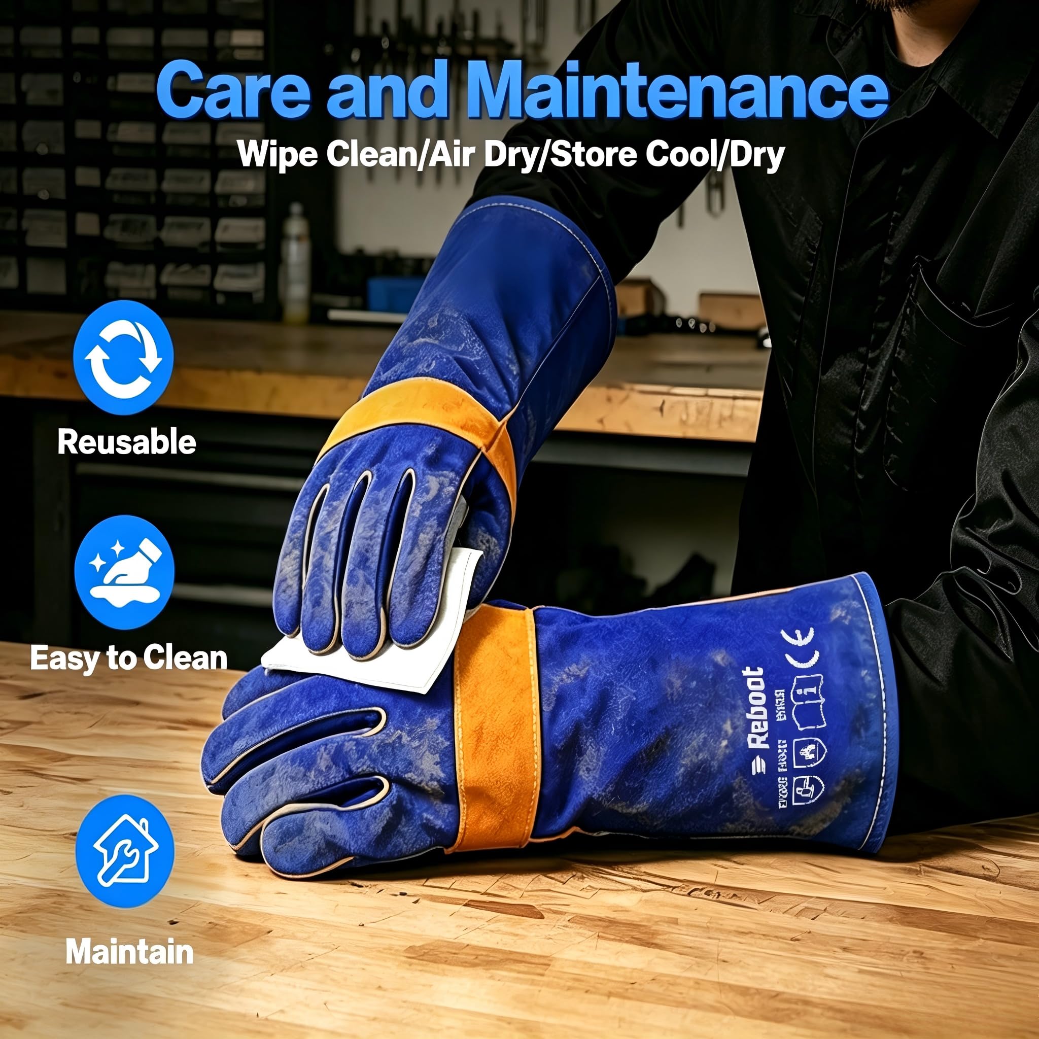 Reboot Guantes de Soldadura, Cuero Resistente 500°C, Protección Antebrazo 38 cm, Costuras Dobles Reforzadas para MIG TIG Electrodo Barbacoa Forja – Azul
