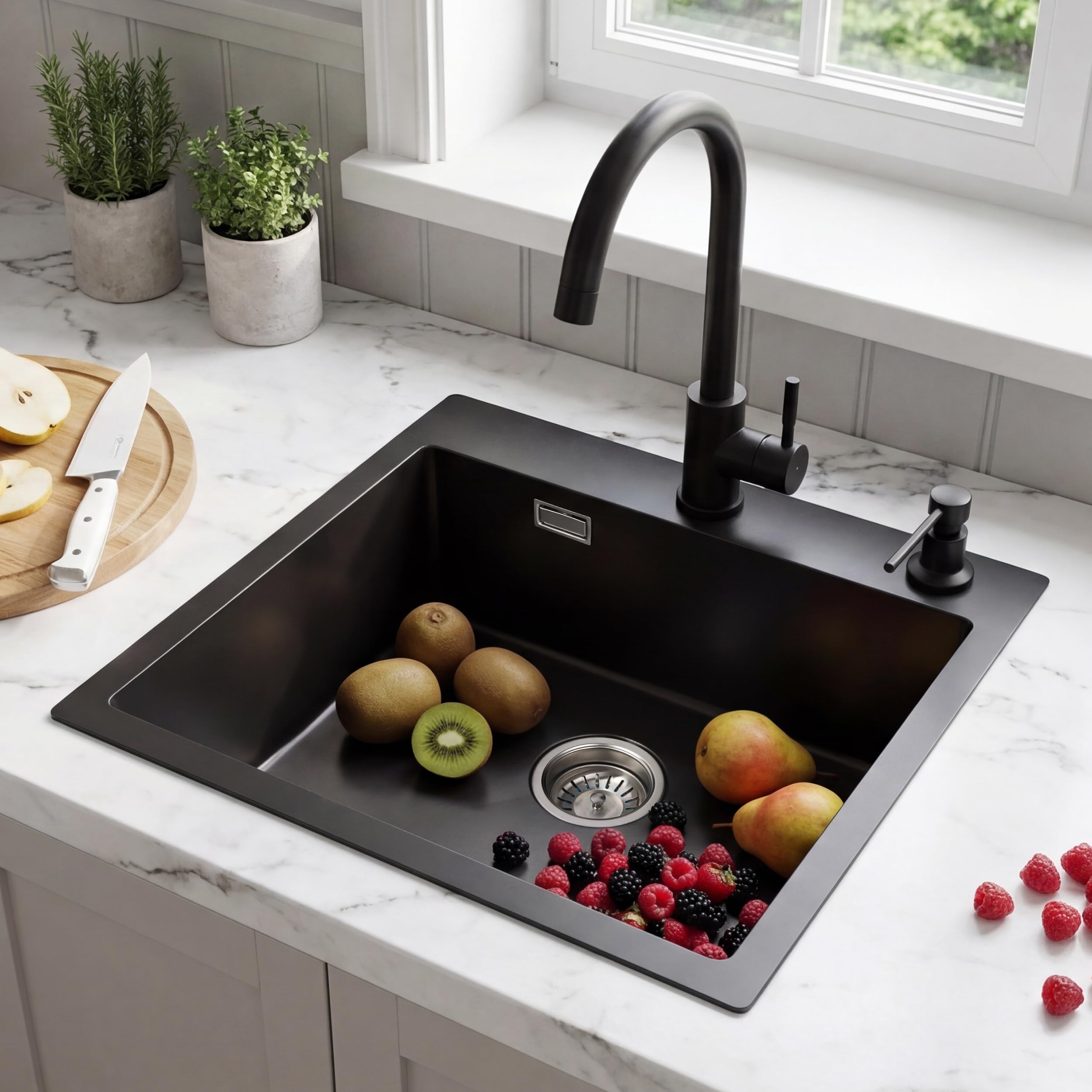 BONADE Spülbecken Schwarz 50 x 45 cm, Küchenspüle Rechteckig, 1 Becken klein, Spüle Küche mit Ab- und Überlaufgarnitur, Moderne Einzelbecken mit 2 Hahnlöcher