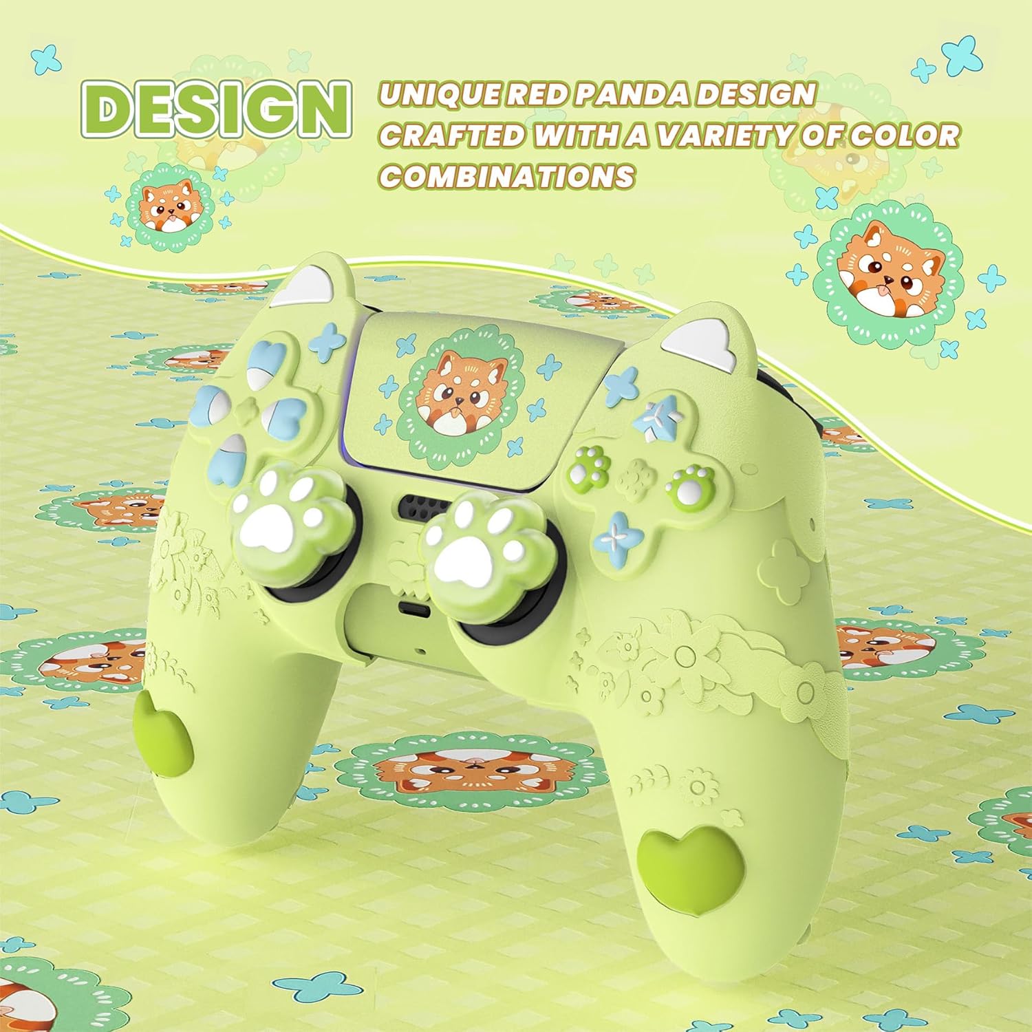 PlayVital for PS5 Controller Skin Cover - Cute Spring Lesser Panda Silicone Case for PS5 Controller with Thumbstick Caps & Sticker - Full Protection, Charging Dock Compatible - Eustoma Green - Image 5